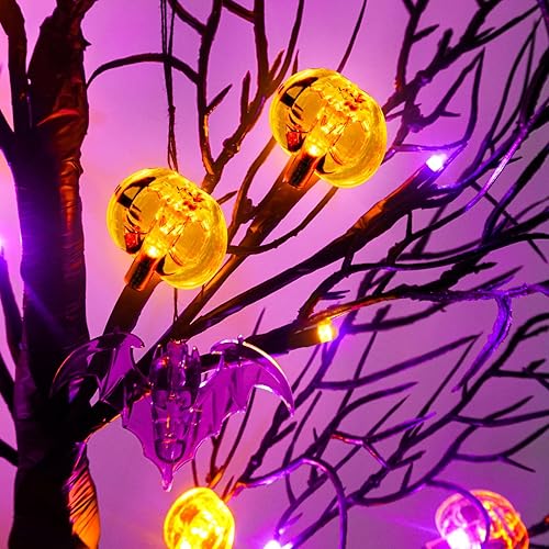 Miniatura 4 de Paquete de 2 luces negras de árbol de Halloween de 24 pulgadas, 24 luces LED espeluznantes con luces de murciélago de calabaza naranja y morado,