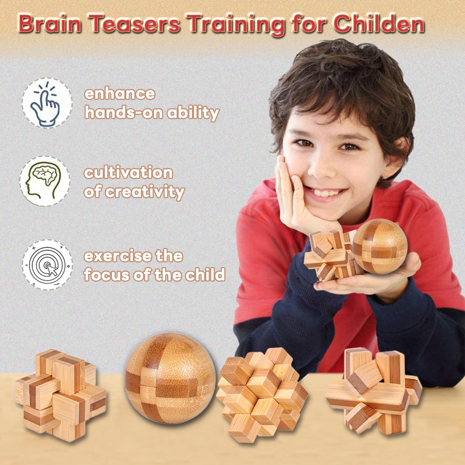 WishesMar 4 Pcs Wooden Brain Teaser Puzzles Set Logic Mind Educational Toy - Image 3