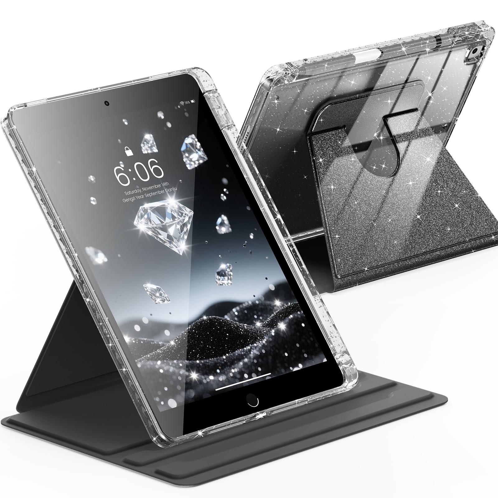 INFILAND Rotating Case for iPad 9th Generation (2021) / 8th Generation (2020) / 7th Generation (2019) 10.2 Inch 360 Rotating Cute Glitter Cover with