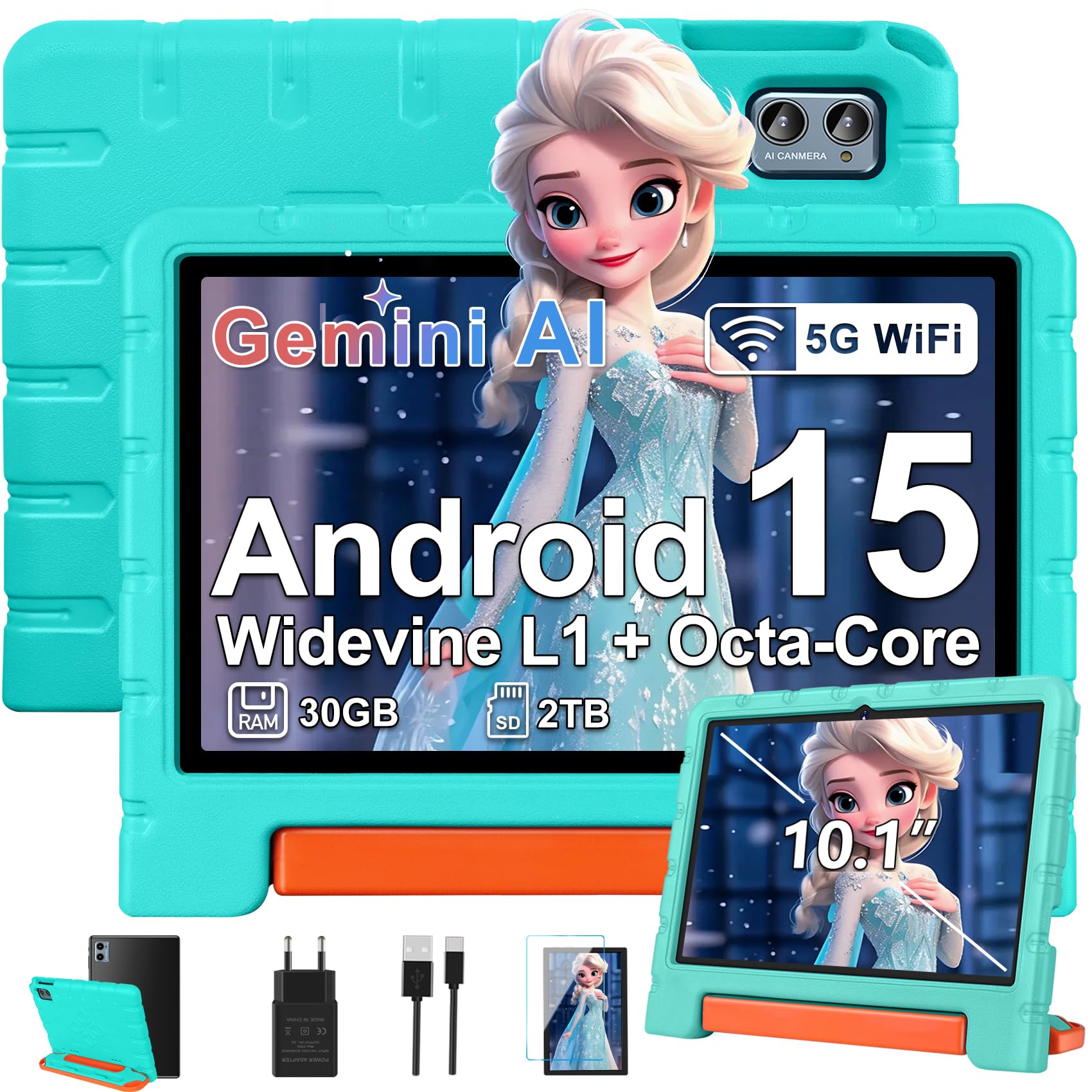 ZIOVO Tablet Bambini 10 Pollici Tablets Android 15, 30GB RAM+64GB ROM(TF 2TB), 5G WiFi Tablets,Gemini AI/Octa-Core/Widevine L1/Face ID/Parentale Controllo/6000 mAh/BT 5.0, Tablet con Eva Caso- Verde