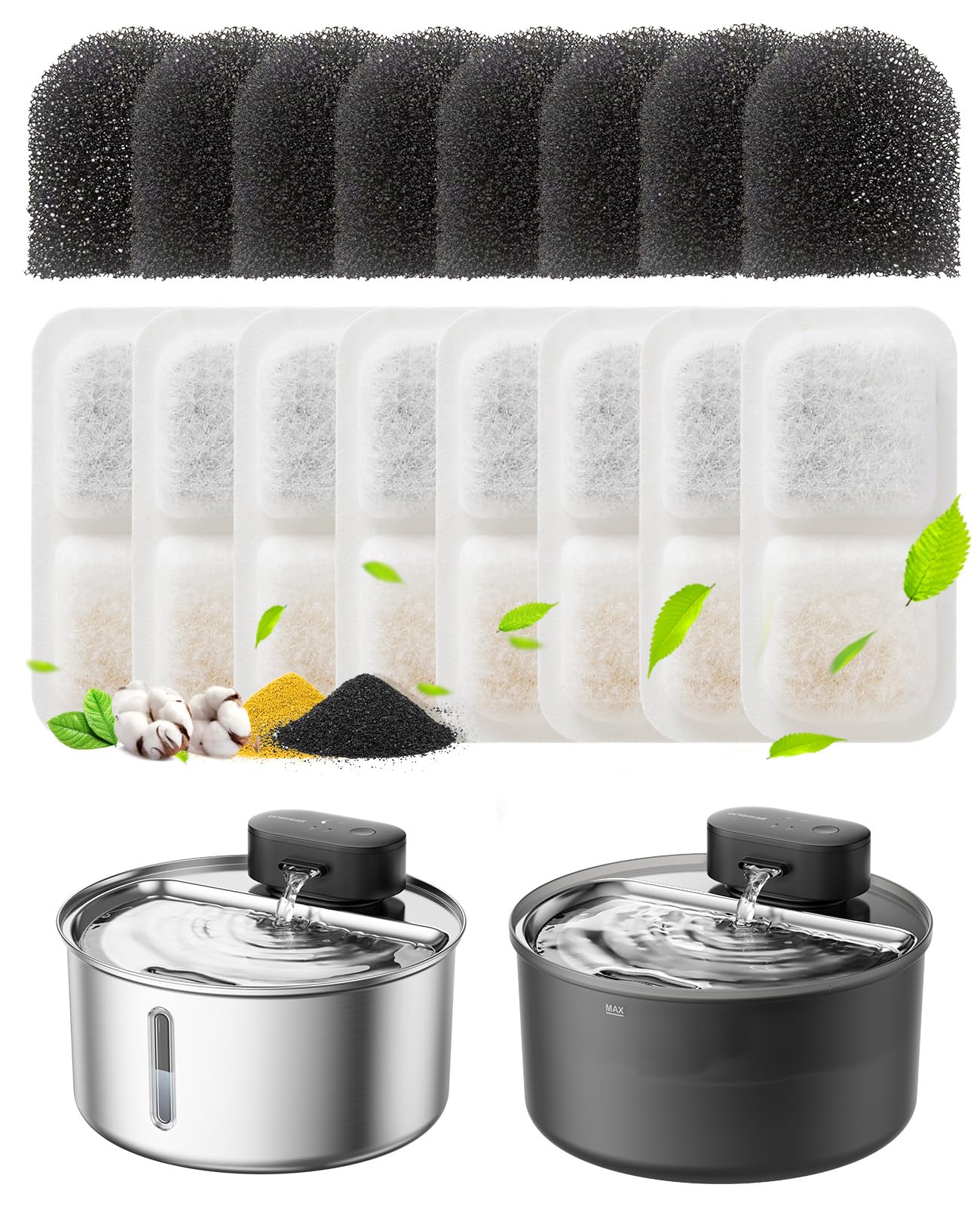 oneisall Confezione da 8 filtri di ricambio per fontana per gatti PW14, senza fili, 3,2 l, in acciaio inox, per gatti, senza fili, 3 filtri a carbone attivo, filtro di ricambio per gatti