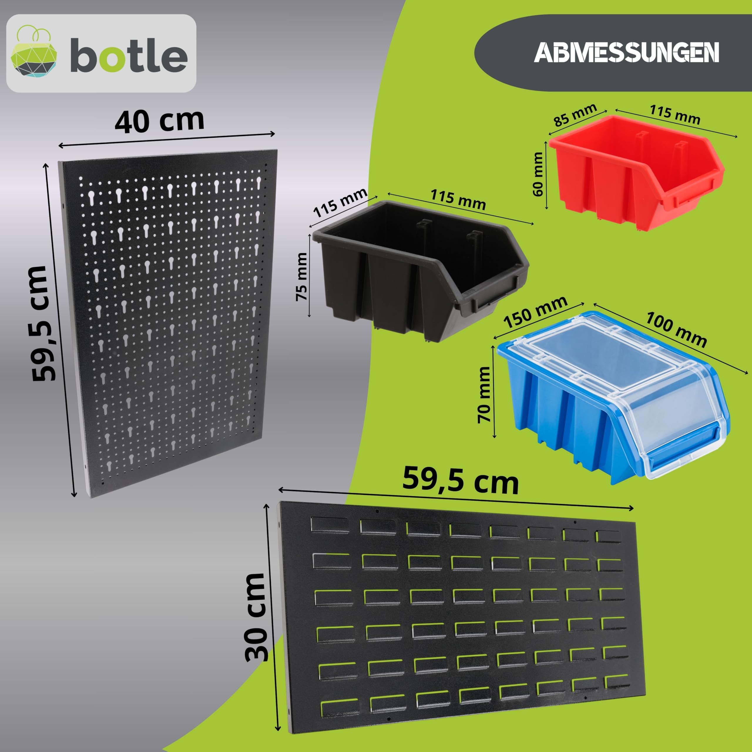 botle Juego de 114 piezas de pared perforada para herramientas de metal, cajas apilables + estante de pared + soporte para herramientas, 114 piezas, almacén de piezas pequeñas, taller de pared con 60