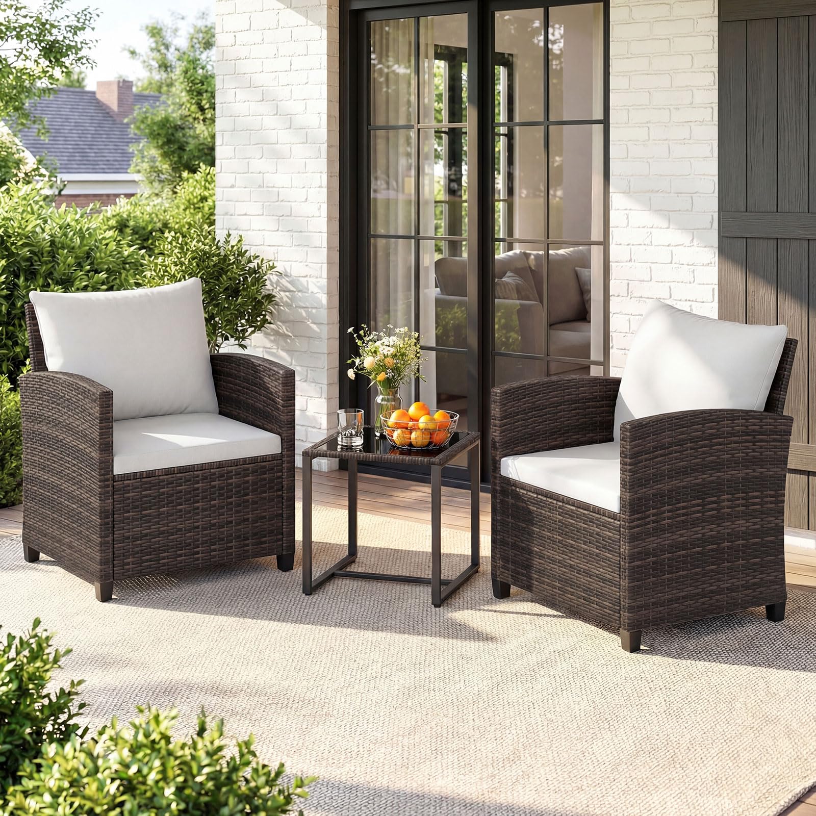 COSTWAY Set Mobili da Giardino 3 Pezzi, Salotto da Esterno in Rattan PE con Cuscini Sfoderabili, Tavolino in Vetro Temperato Beige