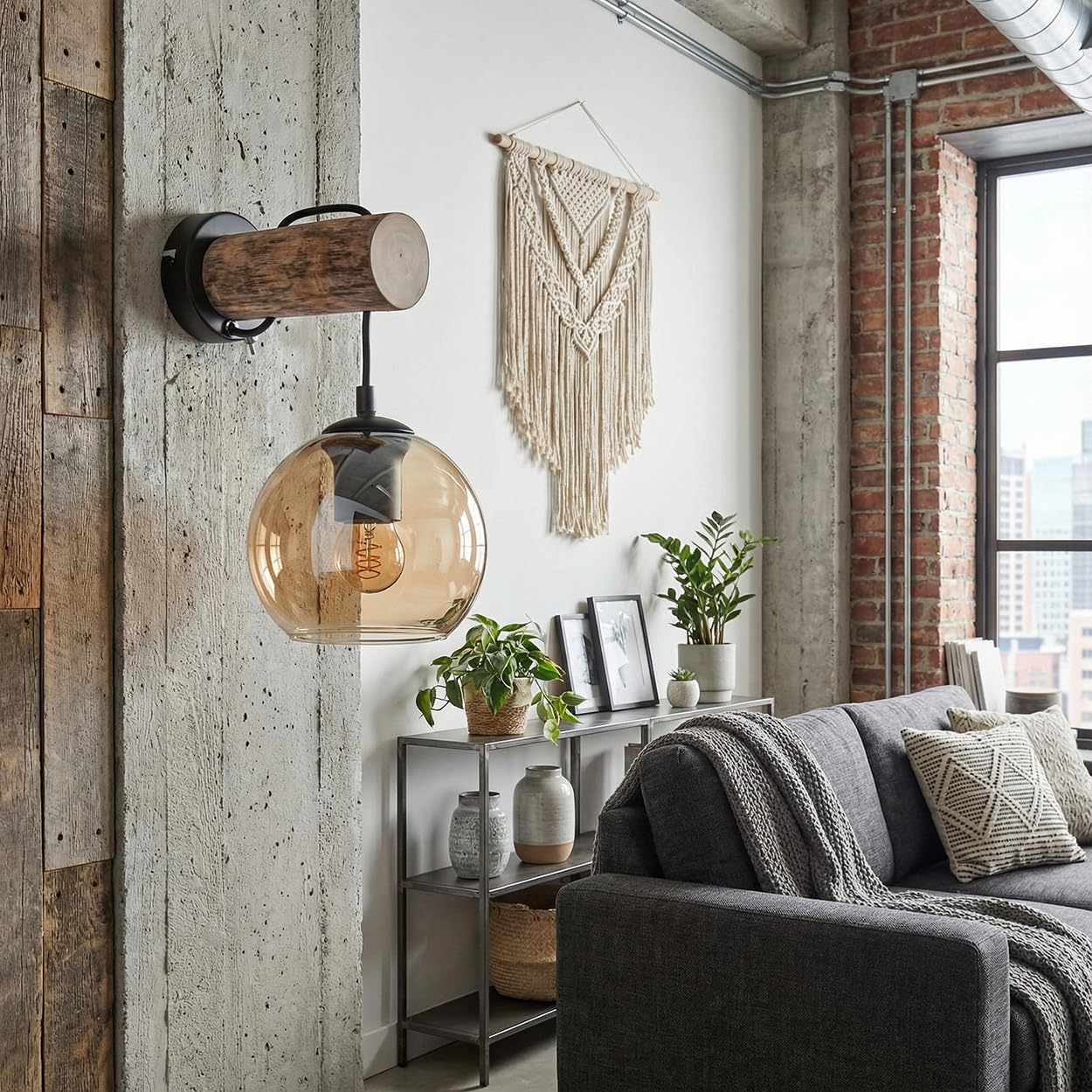 HOFSTEIN Wandleuchte Koyoto, Wandlampe aus Metall/Holz/Glas in Schwarz/Natur/Bernstein, moderne Leuchte im Retro/Vintage-Design (Ø 15 cm), Schalter am Gehäuse, E27, Wohnzimmer, Schlafzimmer, Flur