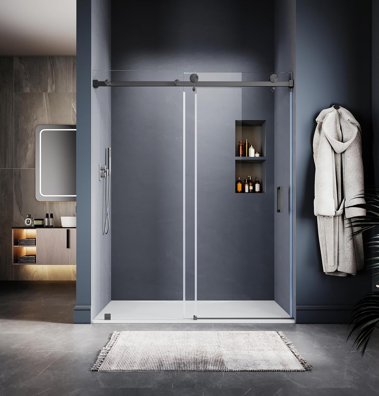 46"-49" W x 76" H Frameless Sliding Shower Door, Space Gray Stainless Steel Construction with 3/8" (10mm) Approved Tempered Clear Glass UKS05-49X76-SG