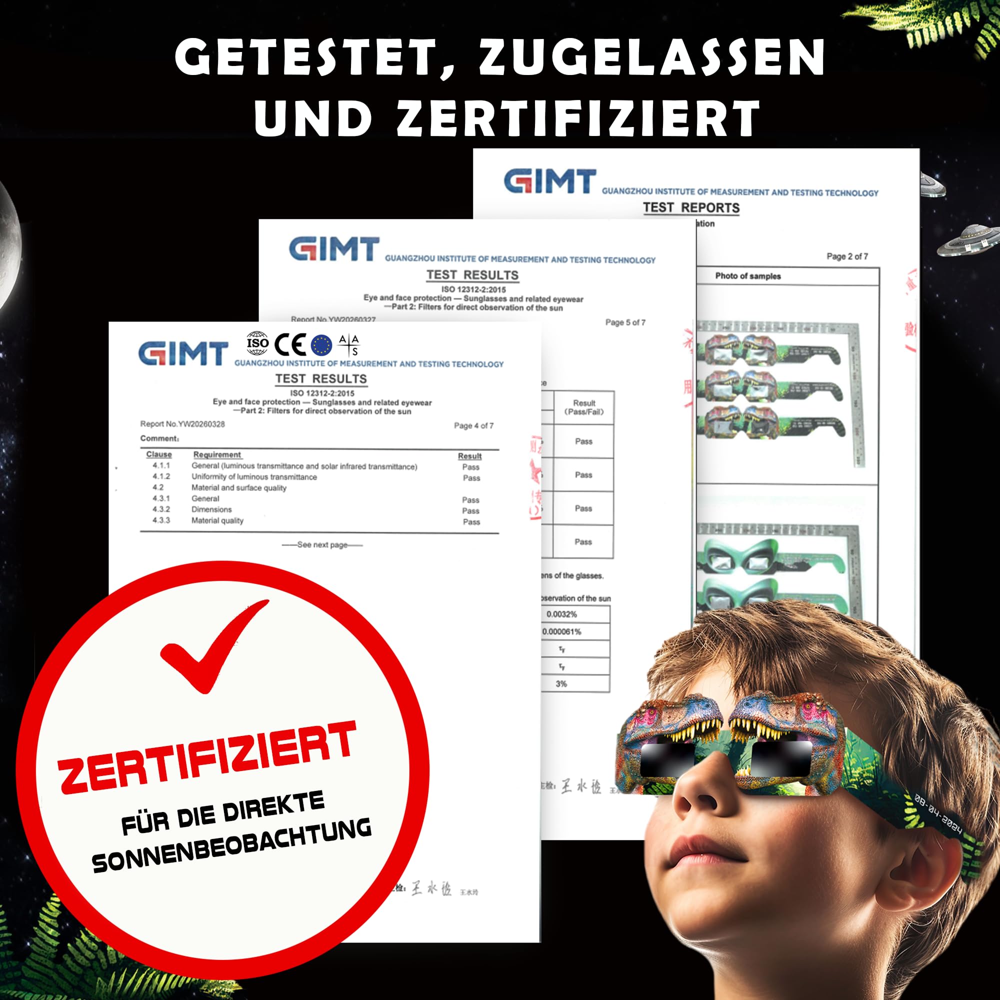 Galaxium Solar Eclipse Glasses Kids 2026 - [12 Pack] Mix Alien & Astronaut & Dinosaur Design - AAS Approved - ISO 12312-2 & CE Certfied - Boys Solar Eclipse Viewing Glasses