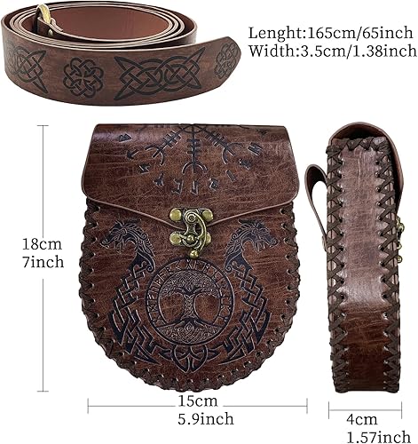 Miniatura 6 de HiiFeuer Cinturón medieval con anillo tórico en relieve con cinturón nórdico en relieve, cinturón de piel sintética vintage y bolsa para cinturón