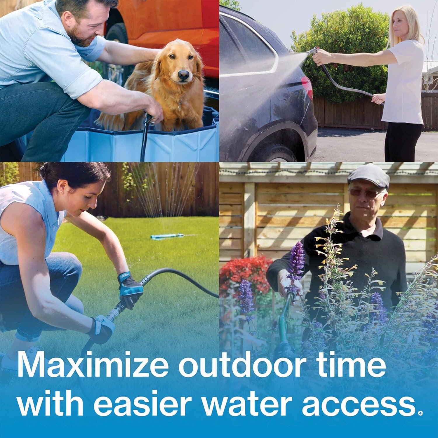 Collage of people using the Aquor House Hydrant for various outdoor tasks like washing a dog, watering plants, and general hose use.
