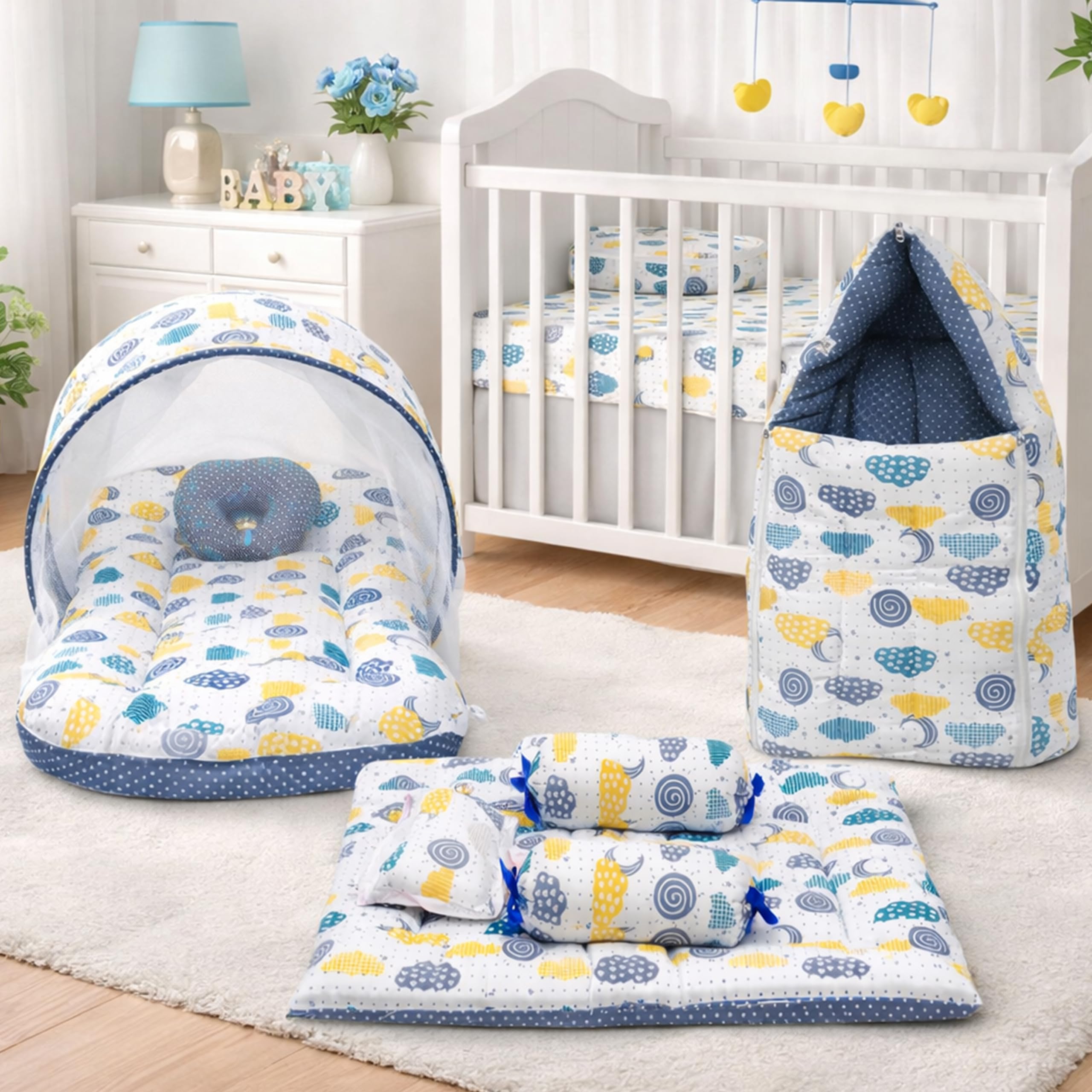 Fareto Combo of Baby Bed with Net | Carry Bag | 4 Pcs Bedding Set (0-6 Months, Baby Size, Cotton) (Grey Sprial)-image-36