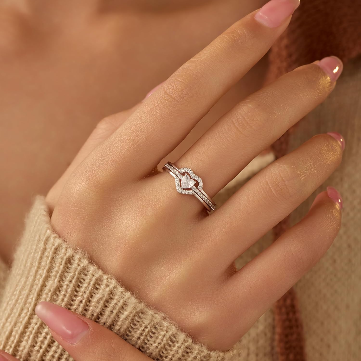 Stackable Heart Rings for Women 925 Sterling Silver Mother Daughter Rings Set for 2 Friendship Rings Promise Rings for Her Cubic Zirconia Eternity Engagement Wedding Band Ring Jewelry - Image 2