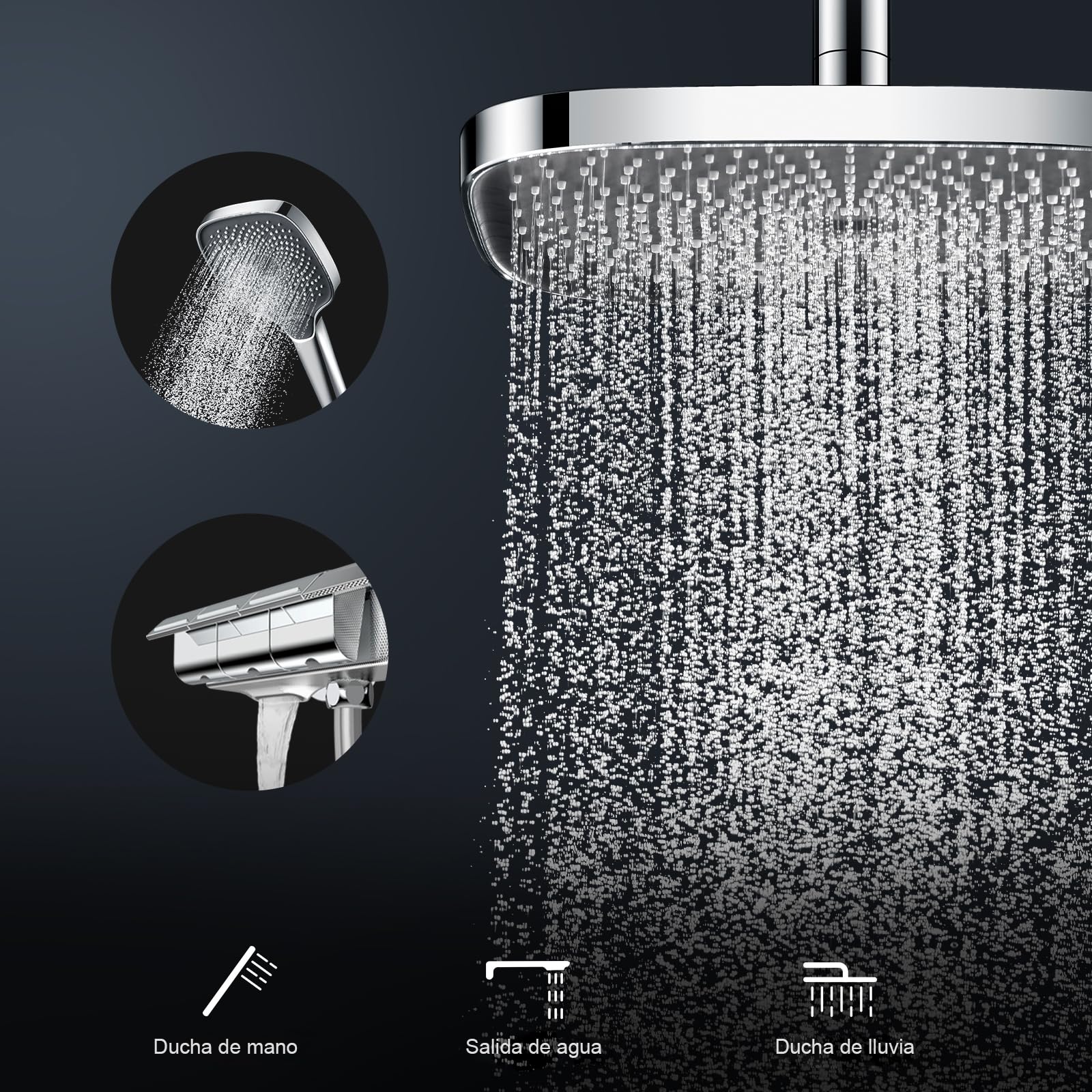 EMKE Sistema de Ducha con Termostato, Conjunto de Ducha con Columna de Ducha, Cabezal de Ducha de Mano con 3 Chorros, Ducha de Lluvia, Sistema de Ducha Cromado