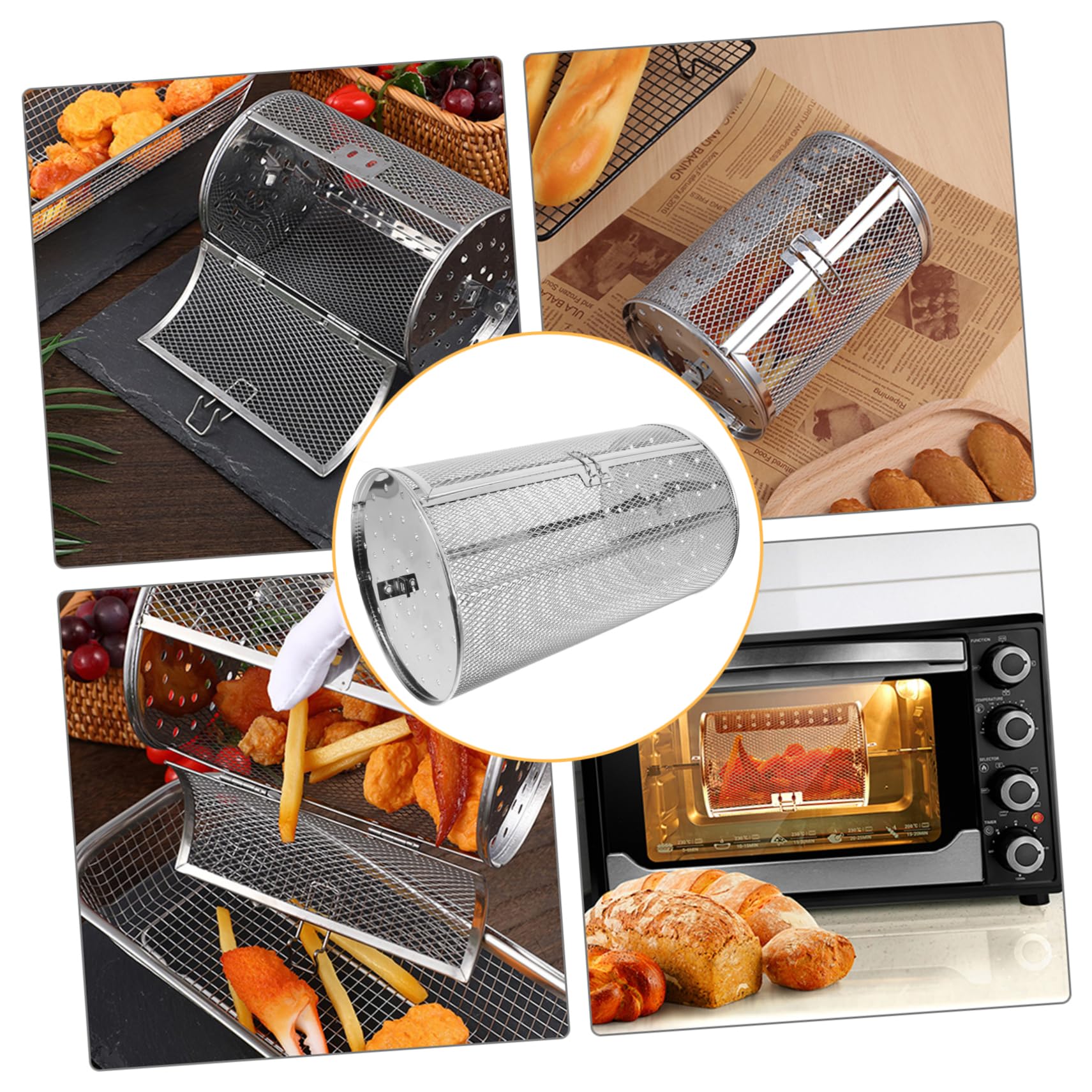 Jaula para Horno Asador de Acero Inoxidable, Giratoria | Plata, para Almendras y Castañas, Calentamiento Uniforme, Uso Seguro y Práctico