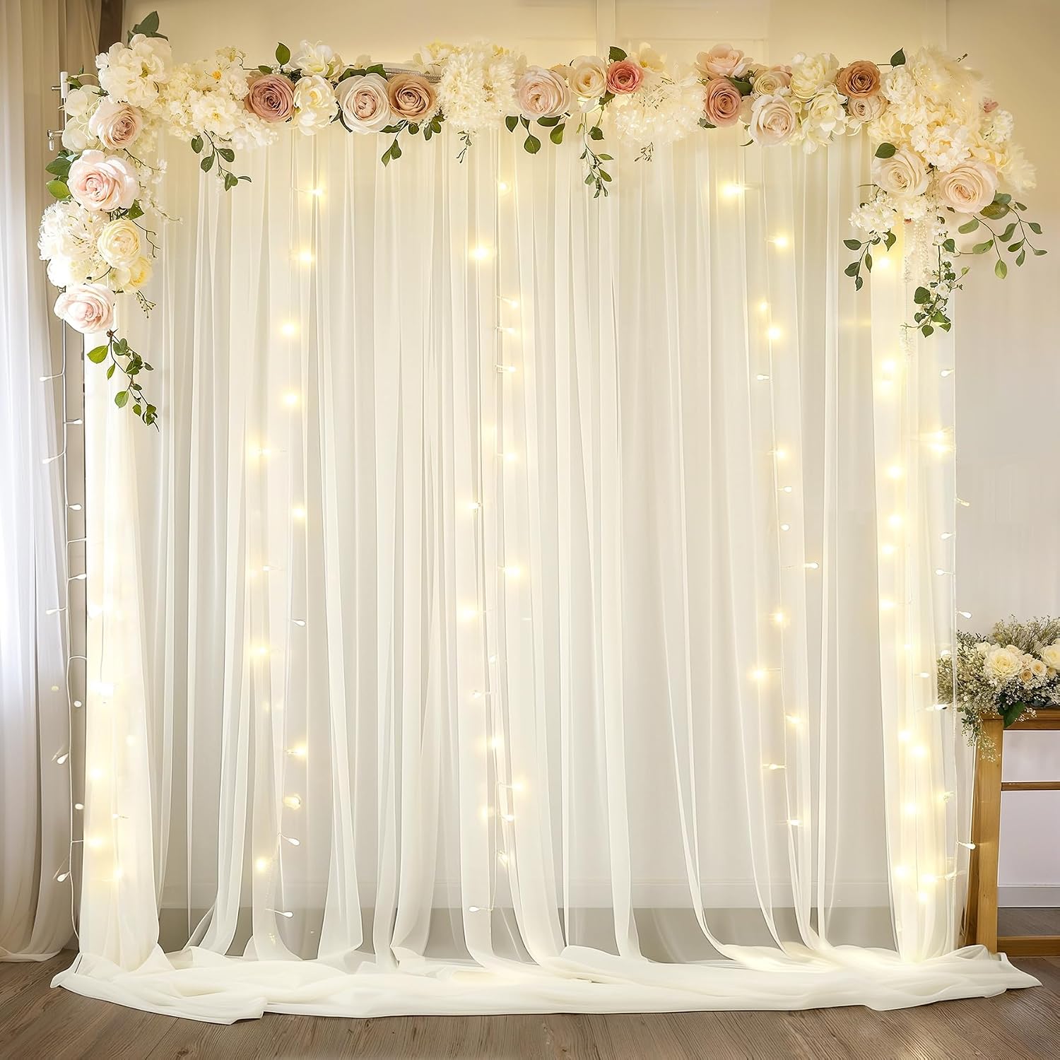 10ft x 10ft Ivory Backdrop Curtain Drapes, Wrinkle-Free Sheer Chiffon Fabric Photo Background Panels for Wedding Arch Party Ceremony Stage Photography Decorations