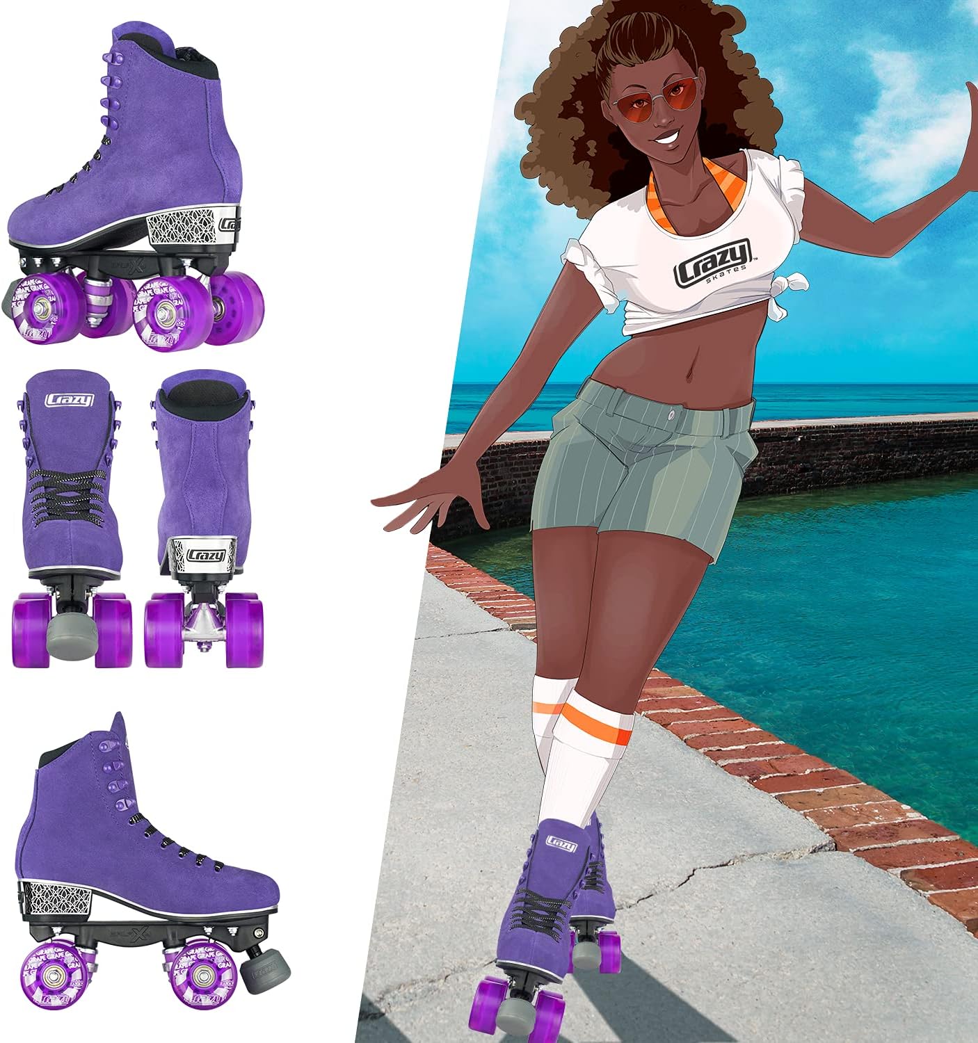 Crazy Skates Evoke Roller Skates for Women - Stylish Suede Quad Skates