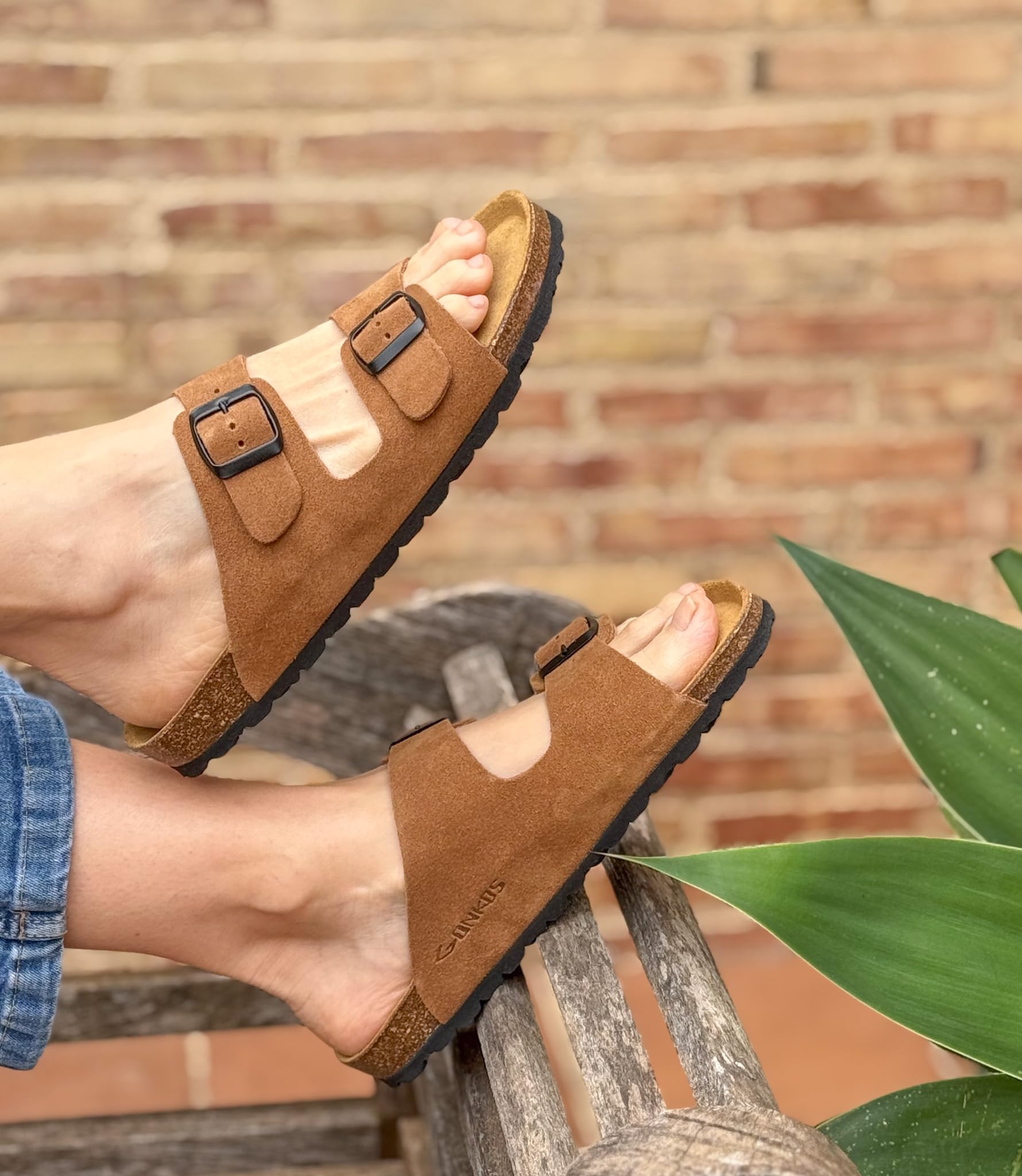 Sandalias de Piel con Hebillas, Piel Autentica, Corcho Natural, Hebillas ajustables al Pie, Sandalias Hombre/Mujer, Suela antideslizante EVA, Calzado de Calidad Hecho en España