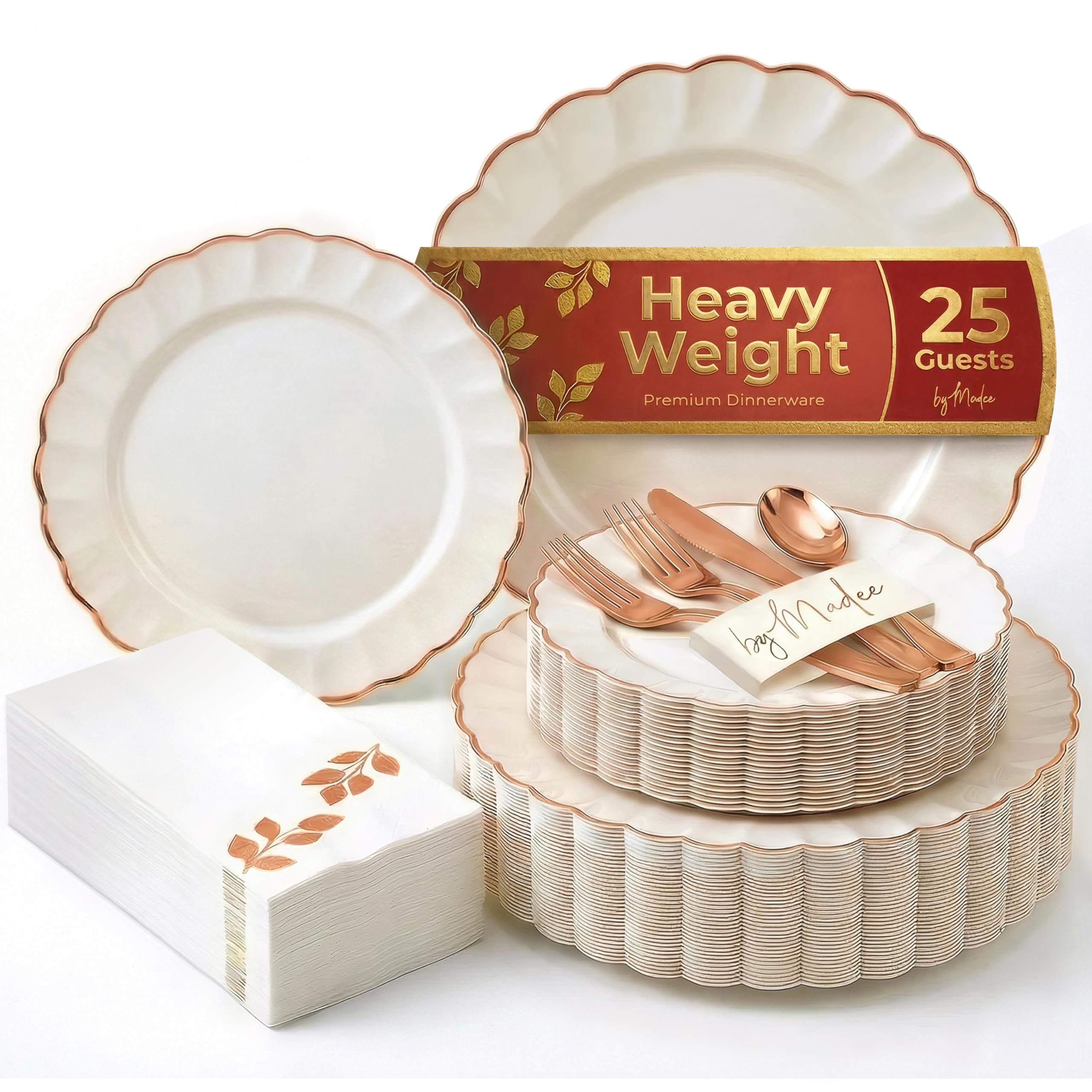 By Madee HEAVYWEIGHT Fancy Disposable Dinnerware Set – 175-Piece Ivory and Scalloped Rose Gold Disposable Plates, Cutlery & Linen-Feel Napkins, Elegant Nice for Weddings & Party (25 Guests)