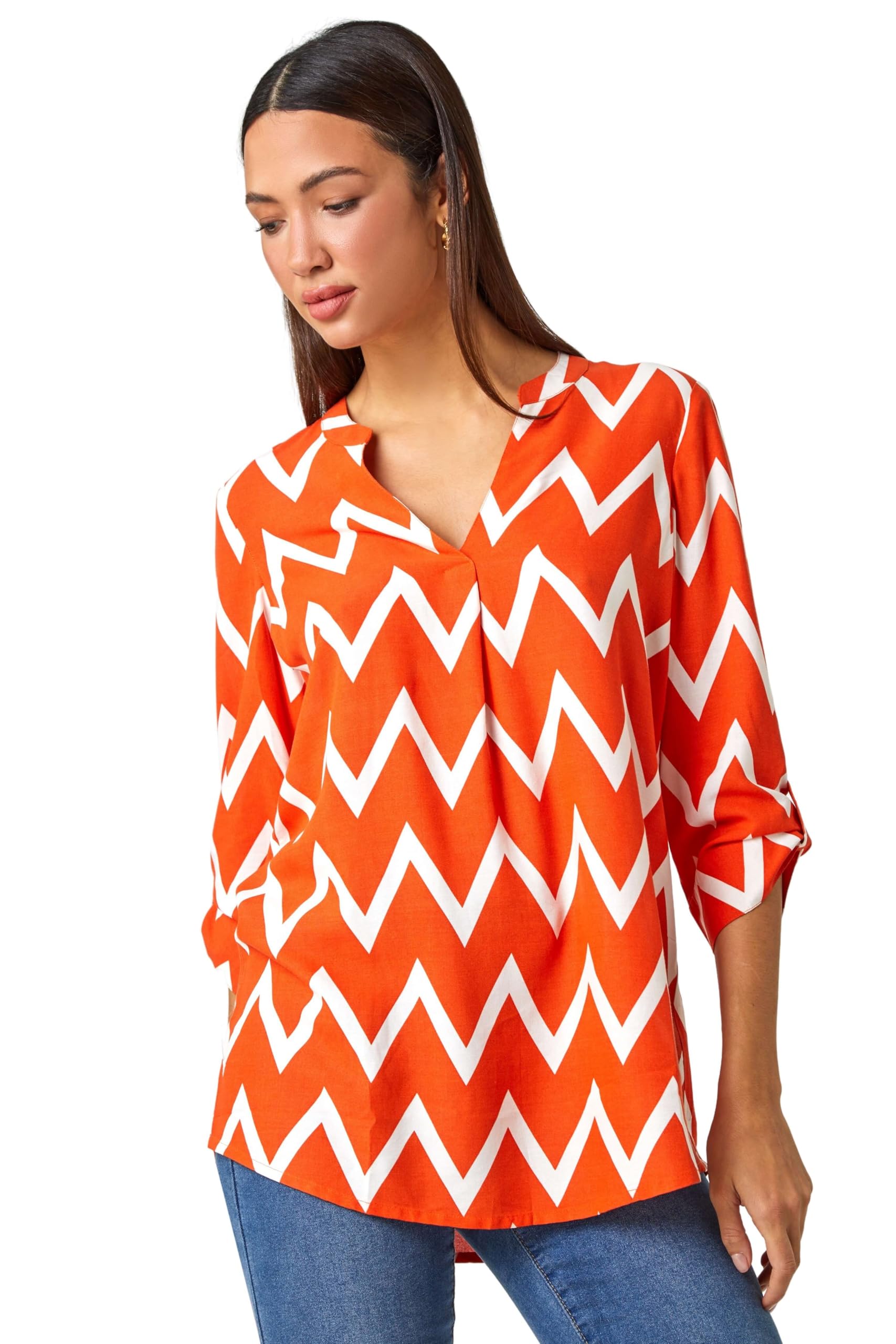 Roman Pleat Front Top for Women UK Ladies Pleated Shirt Notch V Neck Blouse Summer Tunic Spring Pull-On Comfy Soft Evening Holiday Vacation Work Party Everyday - Orange & White - Size 10