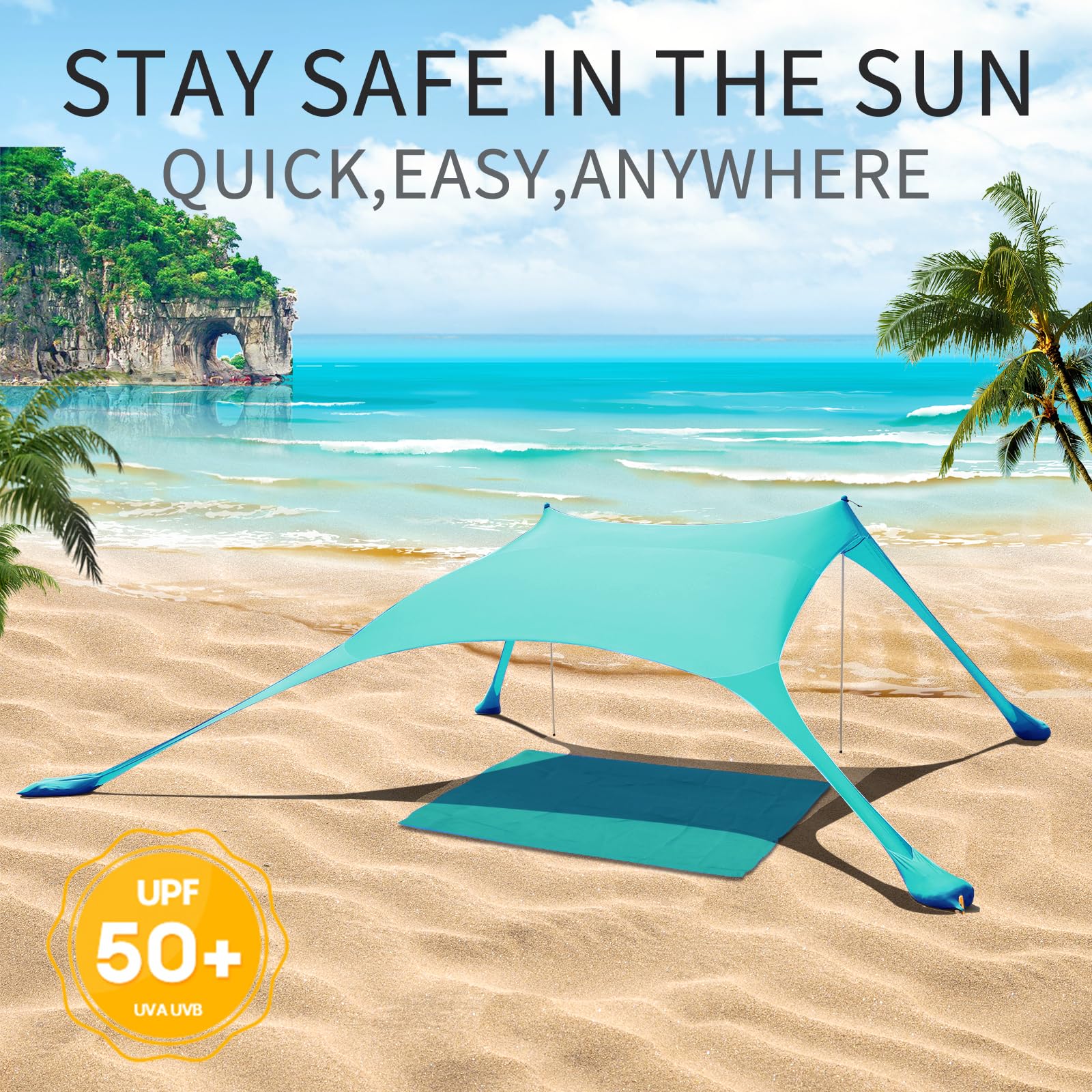 Strandzelt Pop-Up 2x2.1 m LSF 50 Lycra Sonnenschutz Anti-Wind mit Stabilitätsstangen