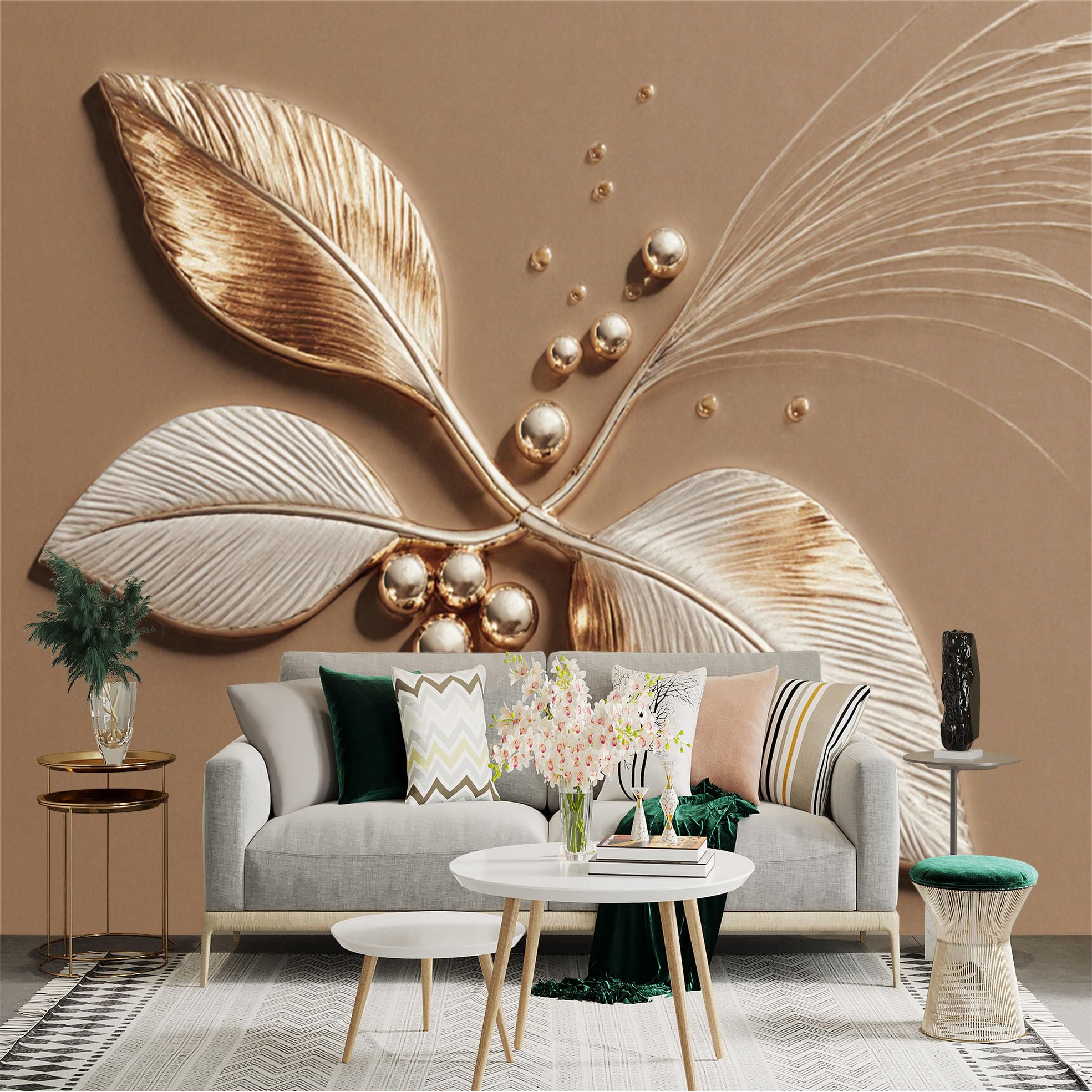 Custom Size Wall Sticker Mural， Modern Metallic Leaves with Golden Spheres， Minimalist Beige Background， Elegant Home Decor， for wall Decoration， peelandstick wall Decals.