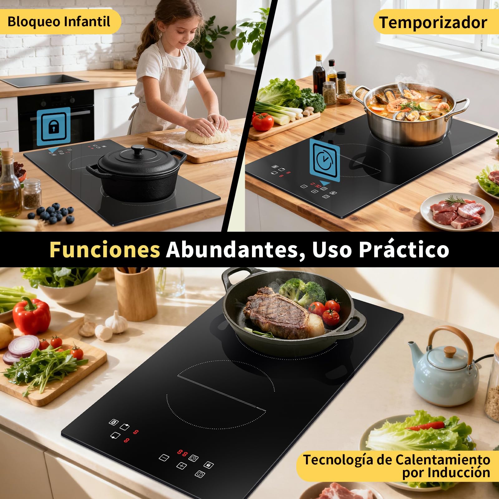 Placa inducción 2 fuegos 3500w, 30cm, Vitroceramica Induccion Empotrable de Función Boost, con 9 niveles de potencia, Temporizador, Bloqueo de Seguridad, Encimera Induccion 220V~240V — view 3