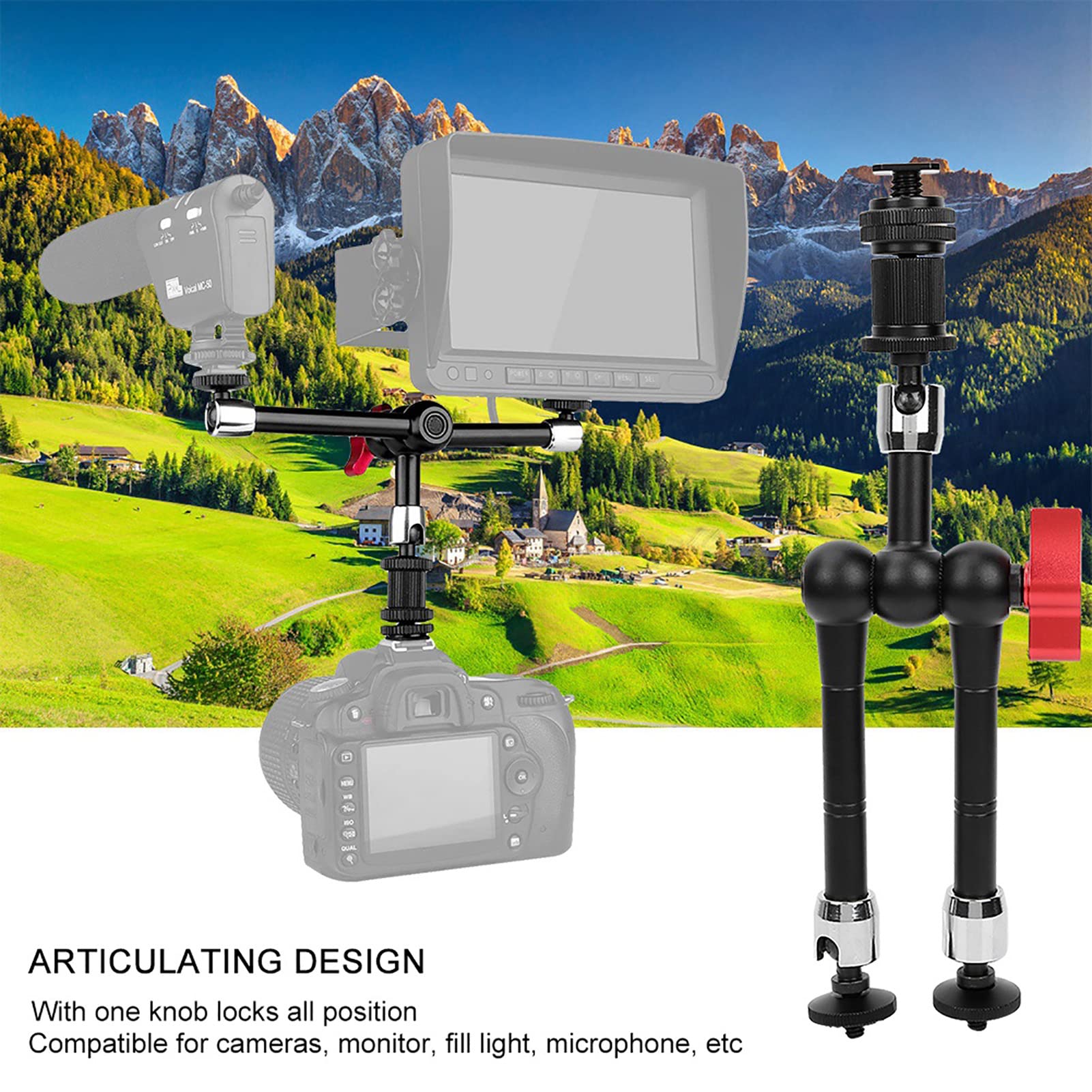 Brazo mágico articulado de fricción de 11" con Abrazadera, Brazo mágico para cámaras SLR, Monitor para micrófono, Brazo Ajustable de aleación de Aluminio con Cabezal esférico de 36