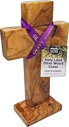 Santa Tierra Cruz de pie de madera de olivo genuina de 7 pulgadas, para mesa, escritorio o mesa de altar, hecha a mano en Éfeso bíblico
