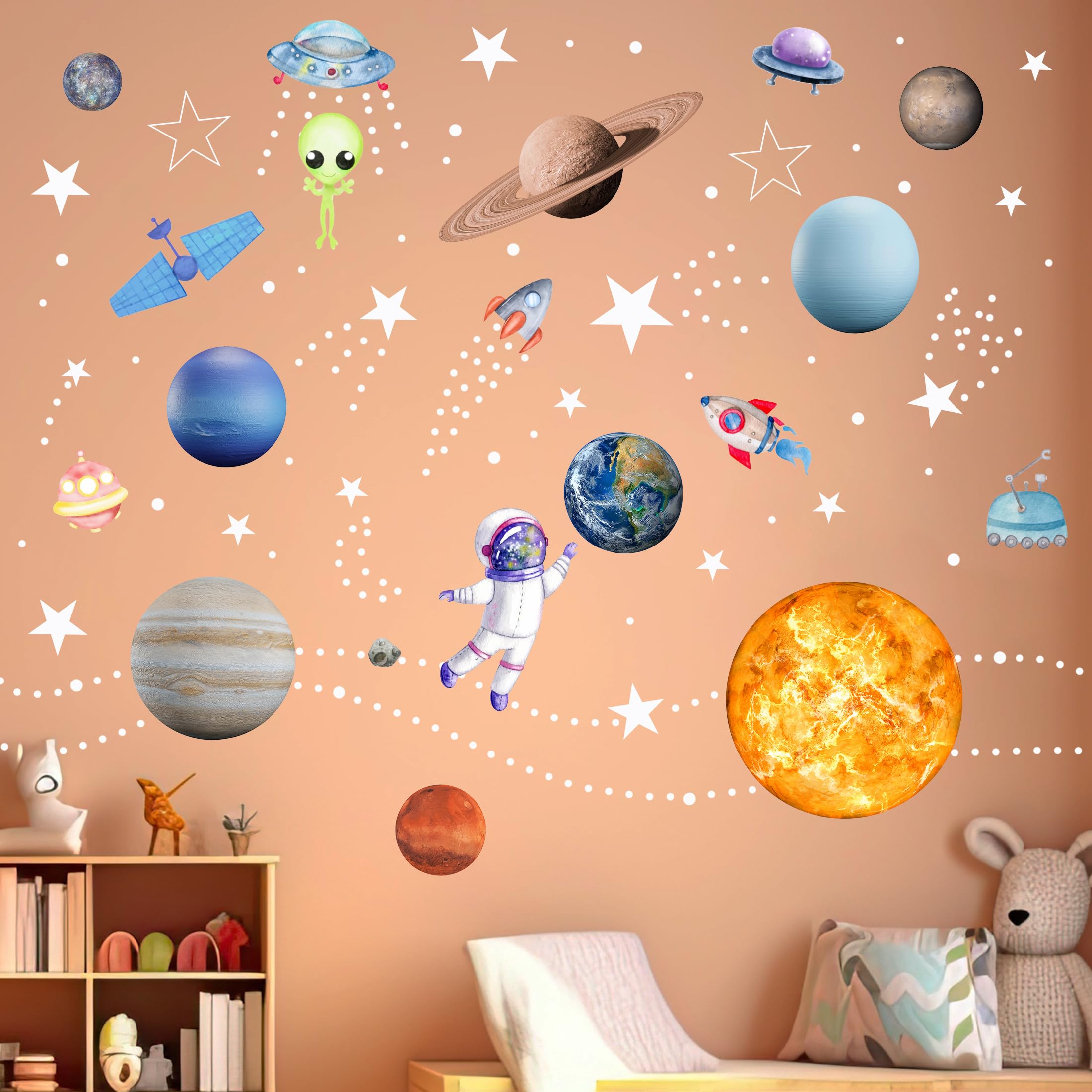 Adesivi da parete con stelle fosforescenti del sistema solare, sole e 8 pianeti principali, adesivi per soffitto, motivo astronauta, decorazione da parete per bambini (blu)