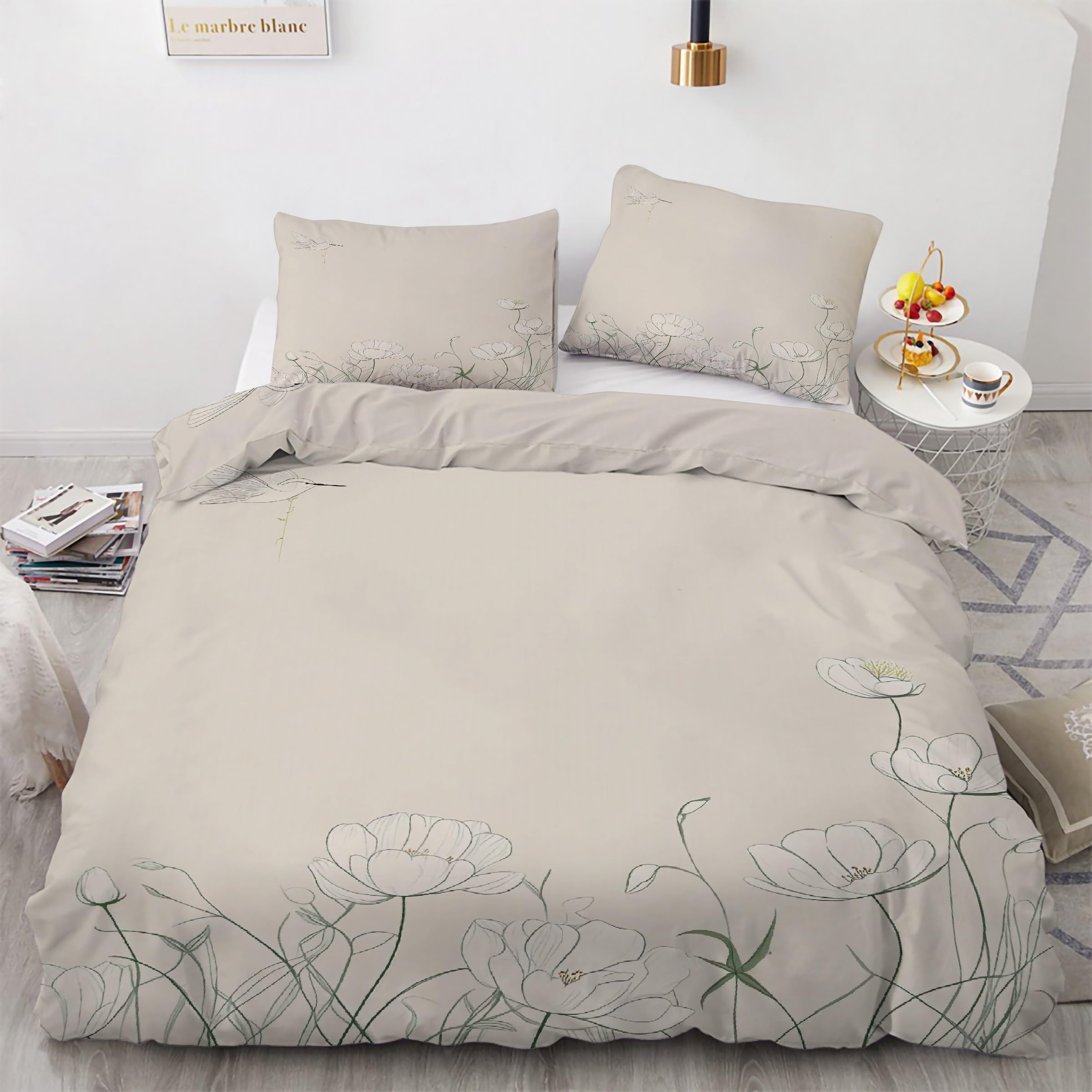 Housse de couette 90x190 zippée facile à enfiler avec parure de lit fleurs anti-plis