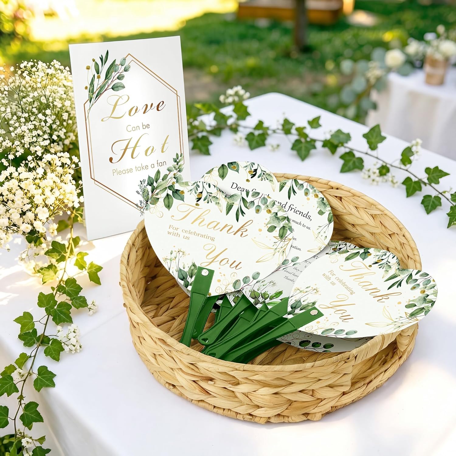 Aneco 60 Pieces Wedding Hand Plastic Fans for Guests with 1 Table Sign and Storage Box Thank You for Celebrating with Us Greenery Handheld Wedding Favor Fans for Weddings Bridal Shower Party Supplies