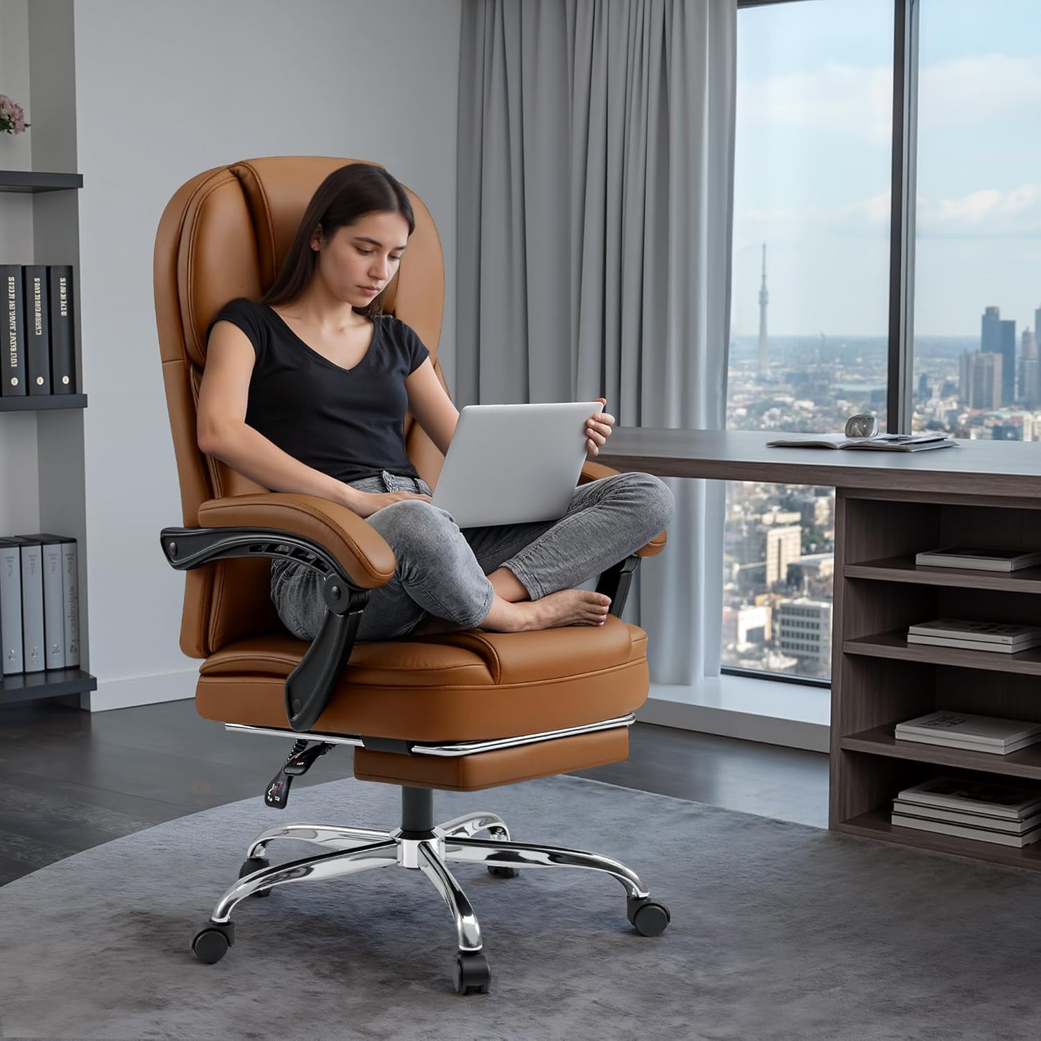 Shahoo Executive Office Chair with Massage, Ergonomic Reclining High Back Leather Seats with Footrest and Lumbar Support, Big and Tall, 400Lbs Heavy Duty, Brown - Image 4