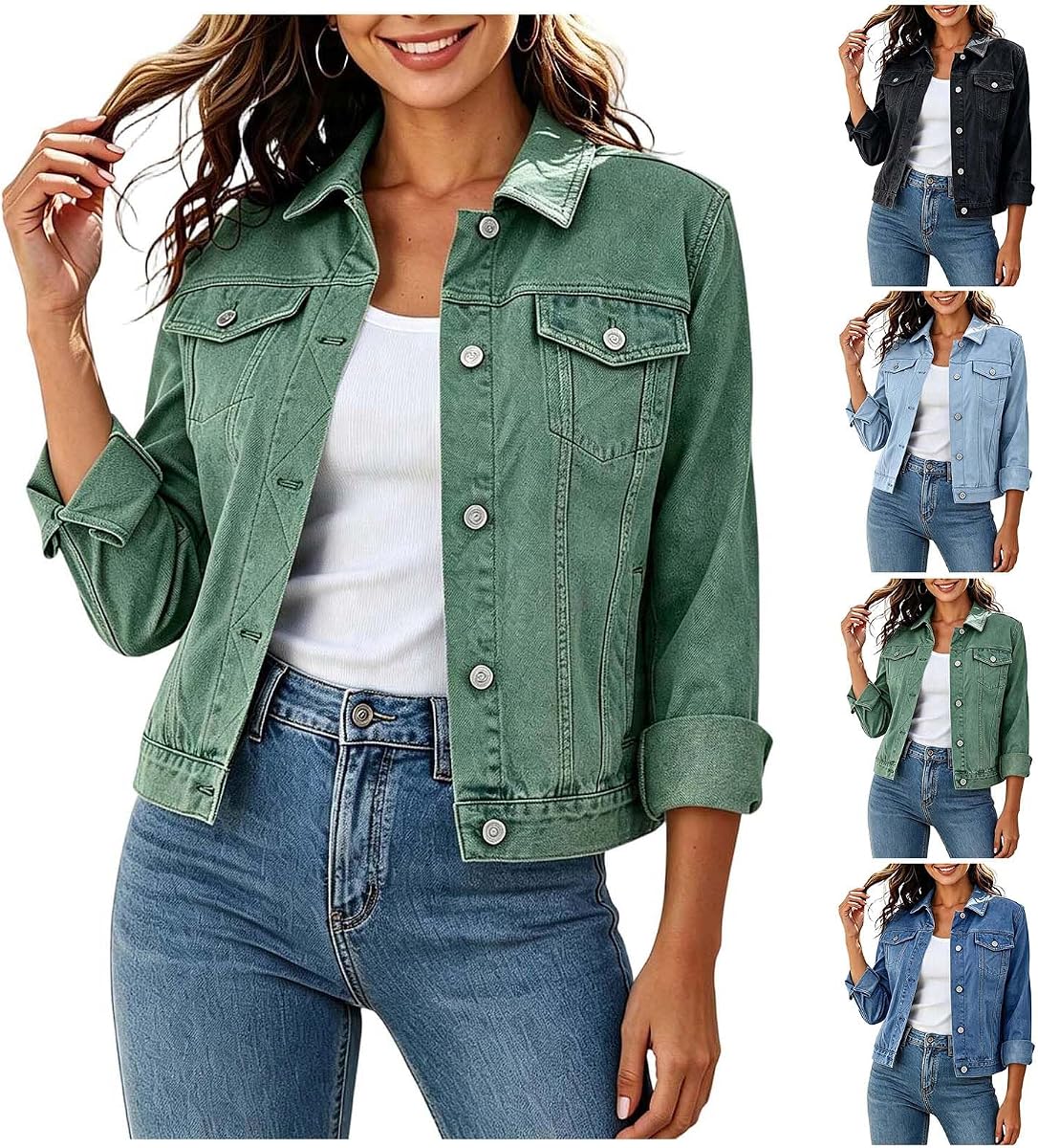 Womens Jean Jacket Classic Button Down Cropped Denim Jackets Long Sleeve Casual Trucker Coat Outerwear with Pockets