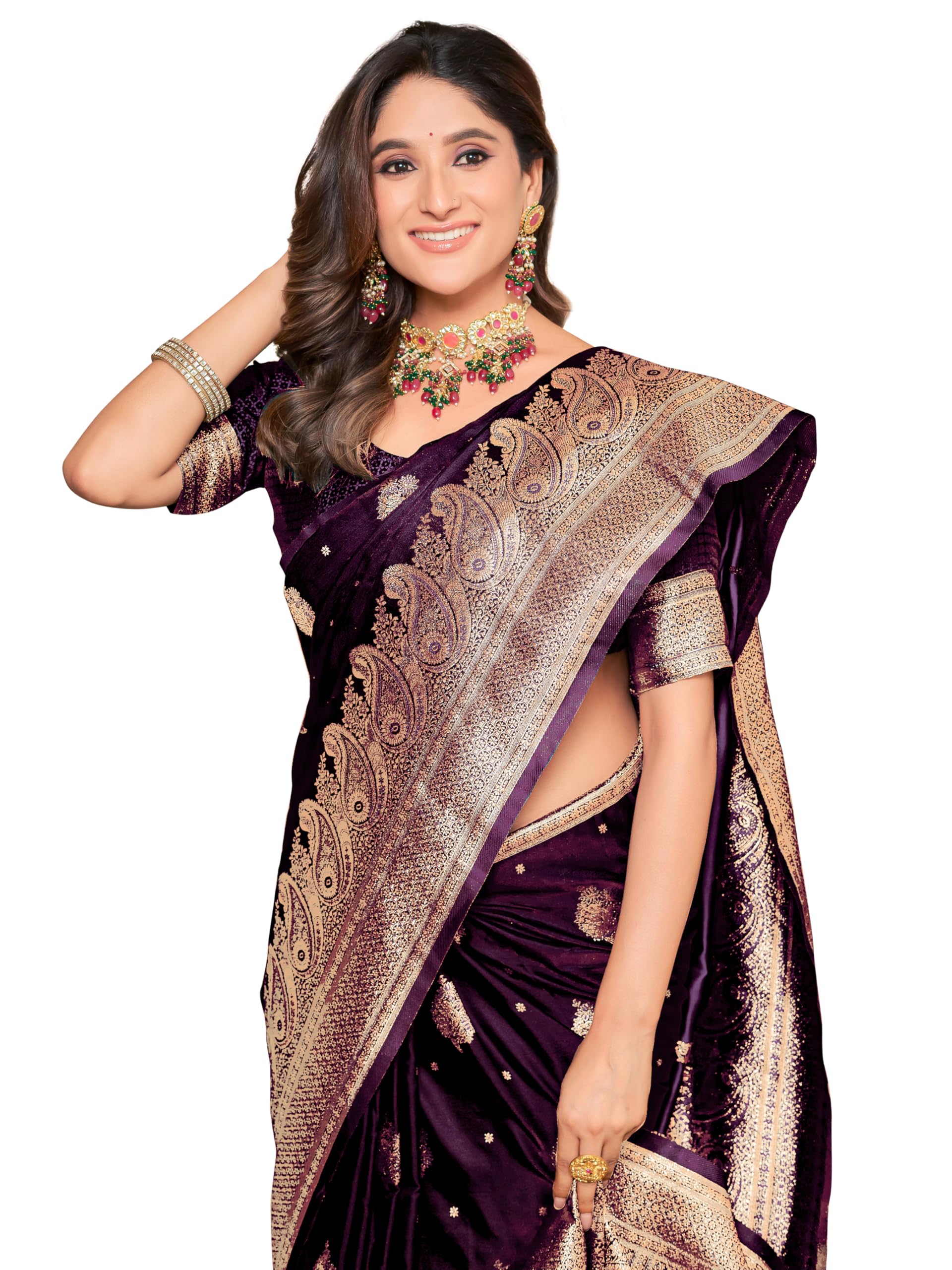 Glory Sarees Women's Pure Kanjivaram Soft Banarasi Original Satin Silk Saree Elegantly Crafted Graceful Wedding Design With Blouse Piece (Satin Silk101_Wine)