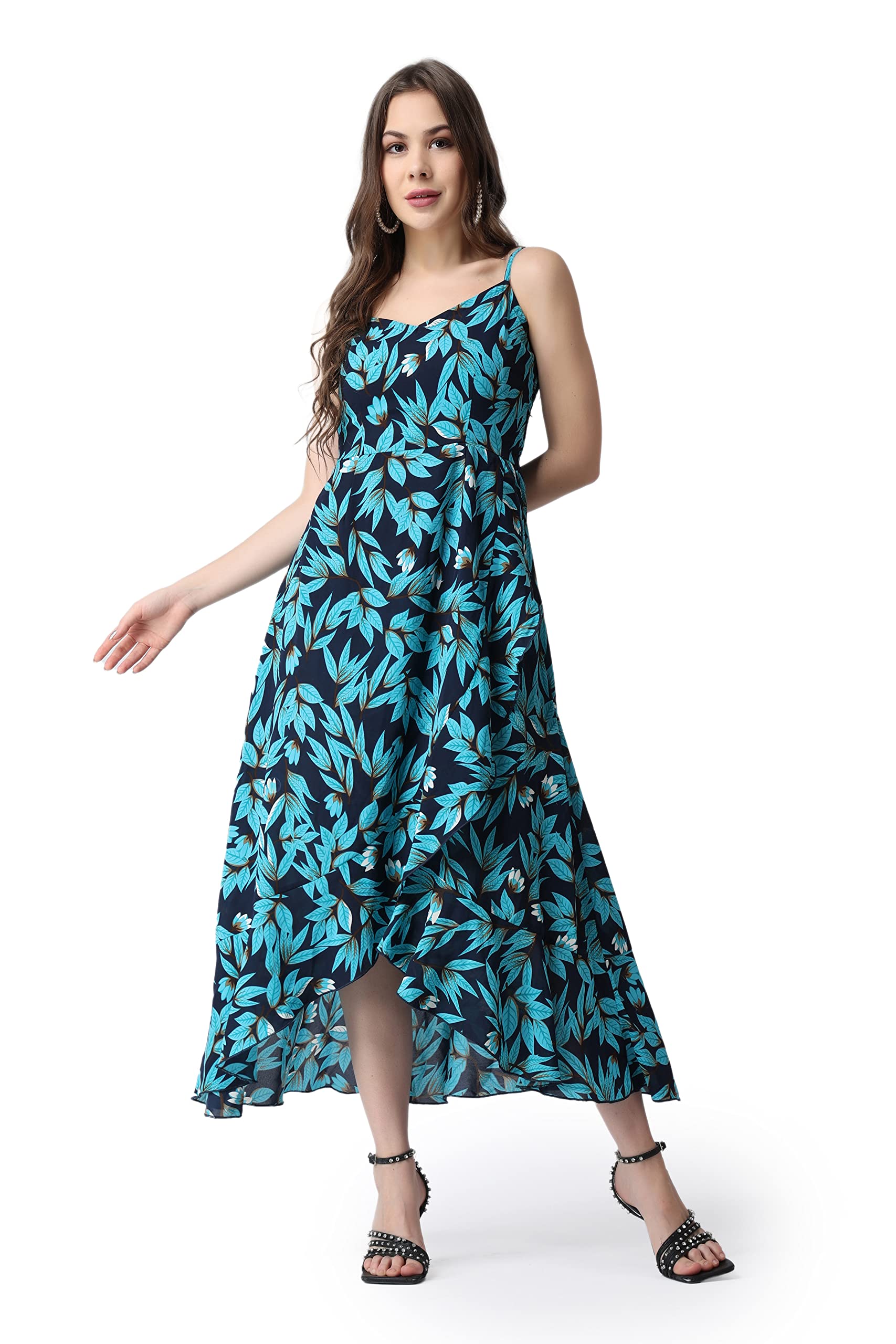 Popwings Casual Floral Printed Maxi Length Fit & Flare Dress For Women || Summer Dress For Women || Flare Maxi Dress For Women Stylish || Sleeveless Dress For Women Ocean Blue