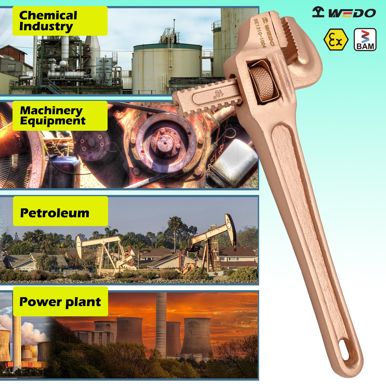 WEDO Nieparkingowy wygięty klucz do rur, beziskrowy prosty klucz hydrauliczny, klucz nastawny bezpieczeństwa bez iskry, miedź berylowa, niemagnetyczny, standard DIN, certyfikat BAM i FM, 15 mm, 60 mm x 375 mm