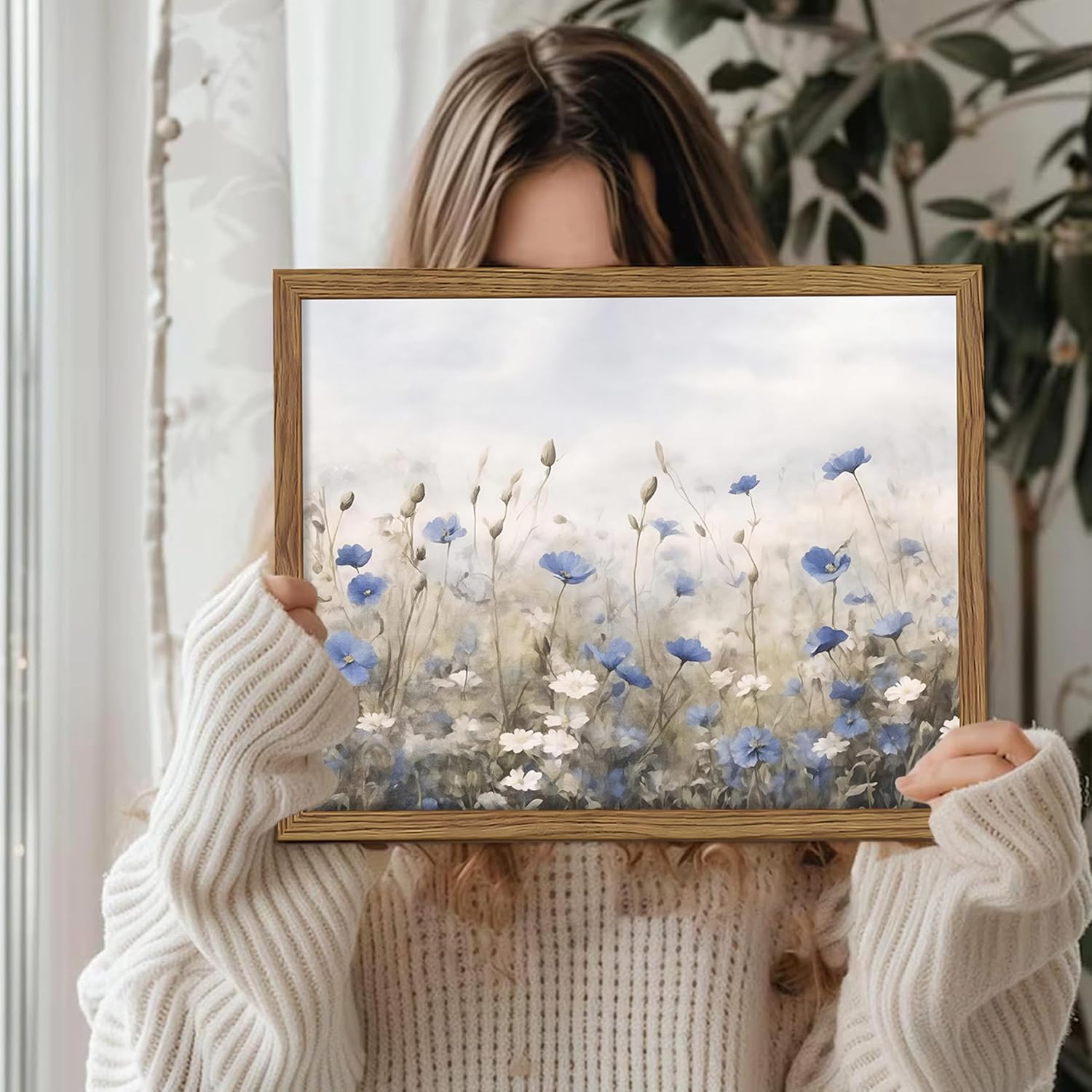 Vintage Floral Wall Art, Blue White Wildflower Botanical Canvas Wall Decor, Nature Landscape Artwork Painting, Rustic Farmhouse Flower Prints Pictures for Bedroom Living Room 12x16 Inch Framed