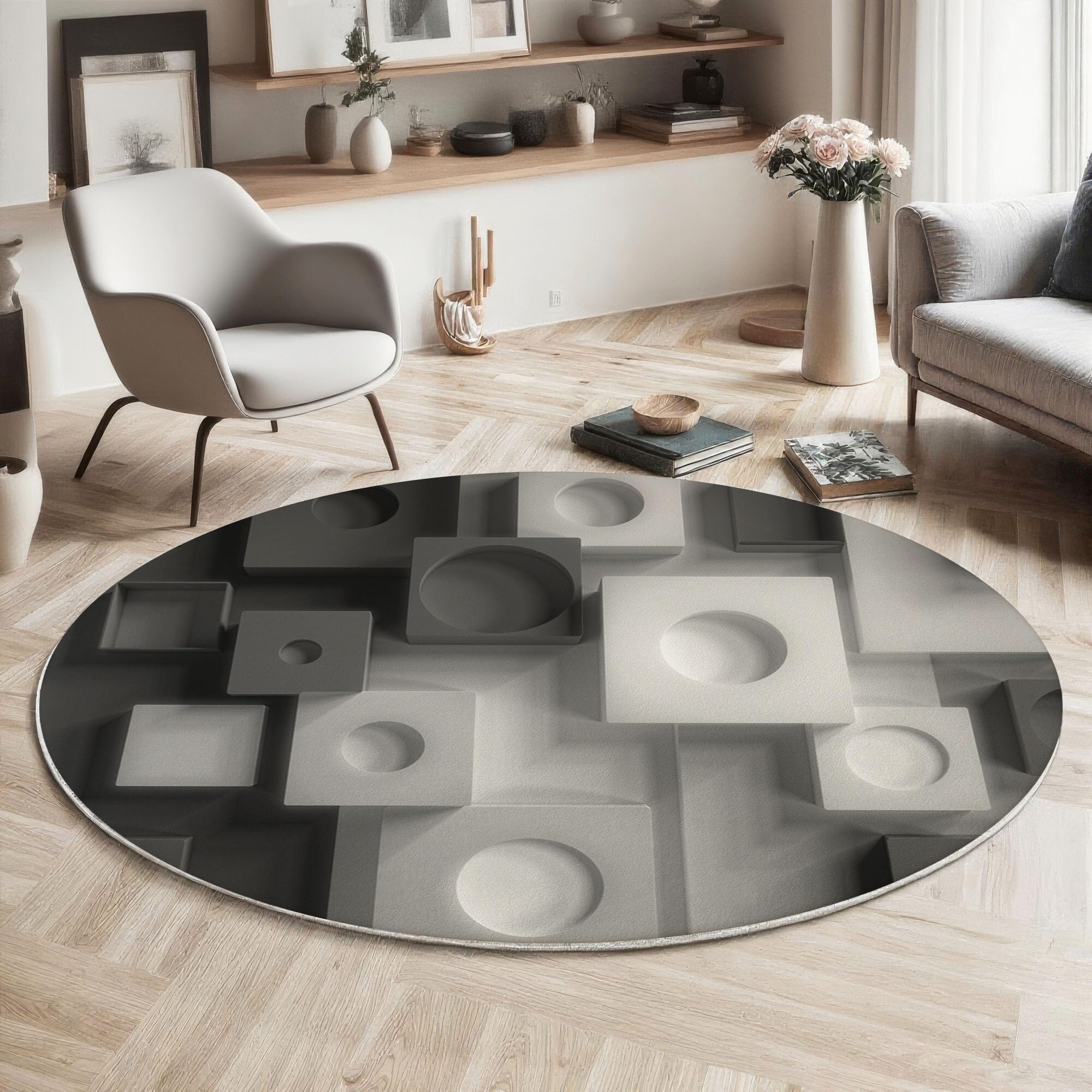Tapis rond salon poil ras moquette de sol moderne noire blanche