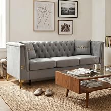 Velvet Chesterfield Sofa with Tufted Backrest, Three Seat Couch Featuring Foam Cushions, Flared Arms, Tapered Metal Legs, Accent Pillows for Living Room Apartment Office Lounge Light Grey