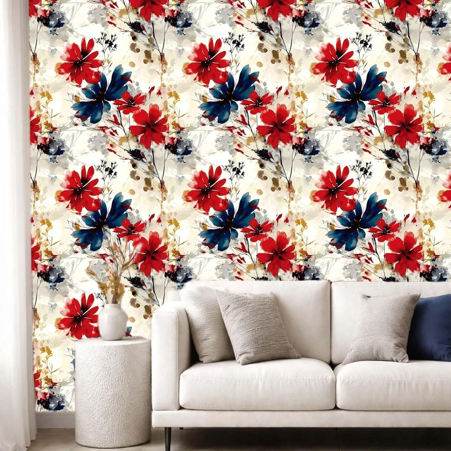 Red Watercolor Floral Peel and Stick Wallpaper Removable Self Adhesive Floral Wall Covering for Living Room Bedroom Accent Wall 17.7 x 70.8 in