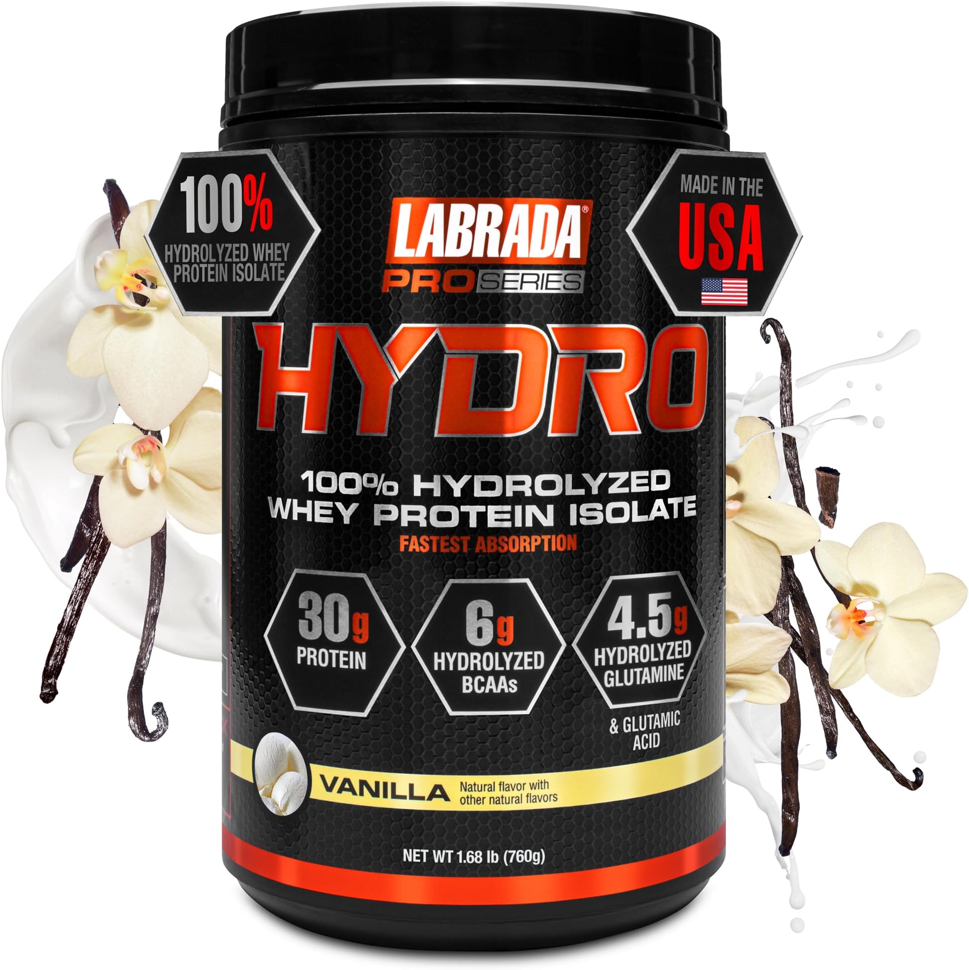 Hydro 100% Pure Hydrolyzed Whey Protein Isolate Powder, Lactose Free, 6g BCAA’s, 4.5g Glutamine, Fastest Digesting Whey Available, Instant Mixing, Delicious Taste 20 Servings (Vanilla)