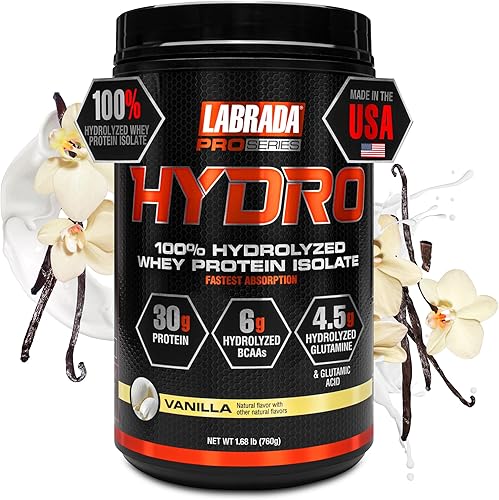 Labrada Hydro - Polvo aislado de proteína de suero hidrolizado 100% puro, sin lactosa, 0.21 onzas de BCAA, 0.15 onzas de glutamina, suero de leche