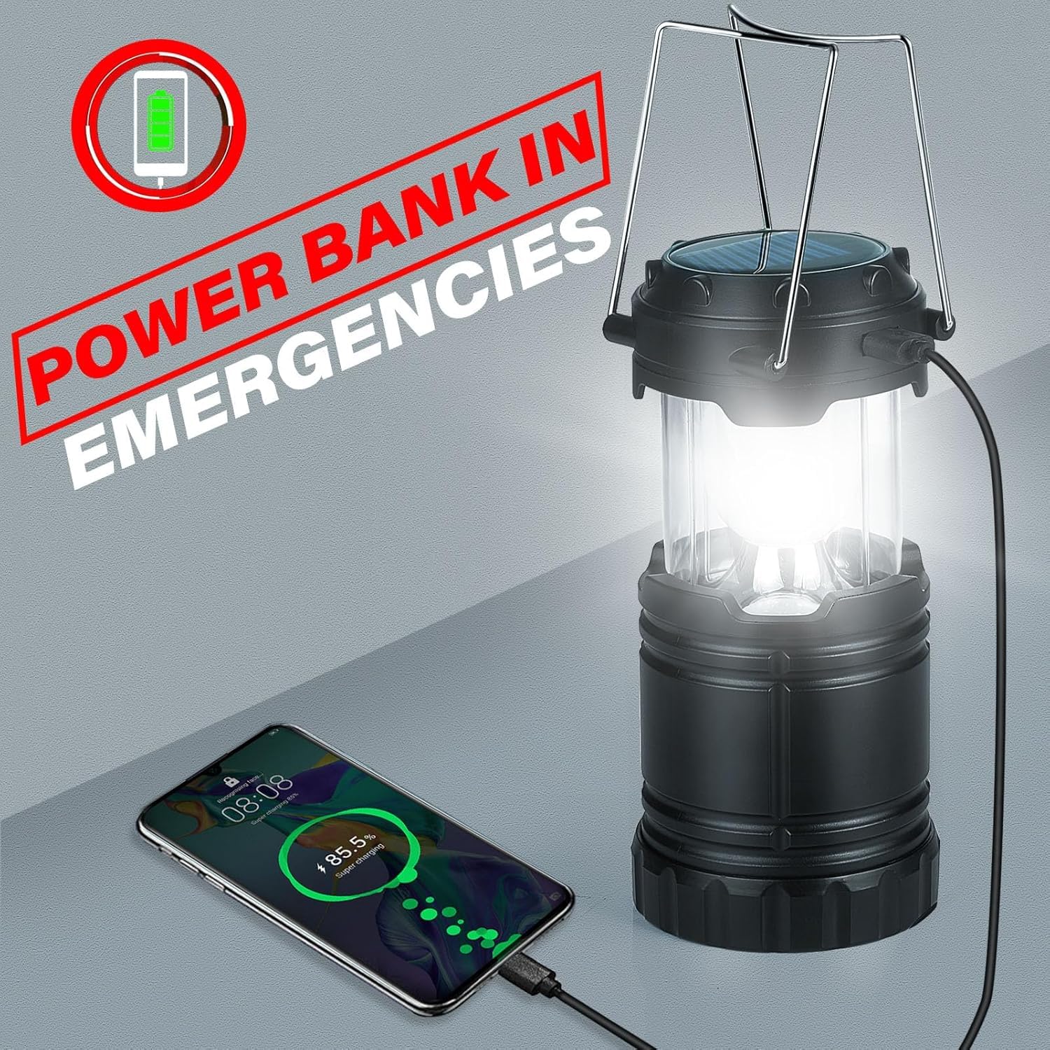 Xynover Paquete de 4 linternas solares para camping, LED recargables con batería USB/solar/AA, base magnética, gancho para colgar, plegable, impermeable para emergencias, senderismo, huracán