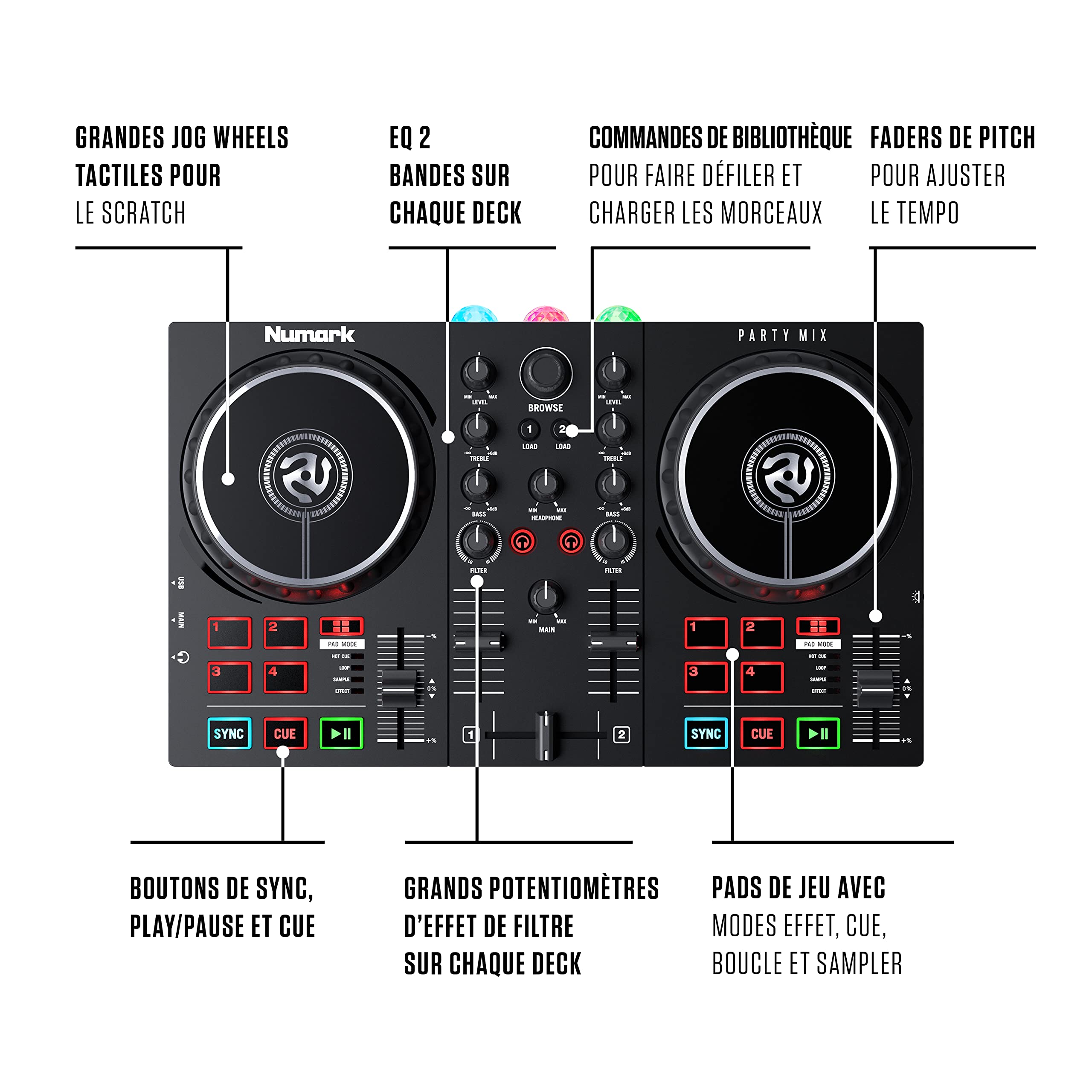 Numark Party Mix II & HF 125 - Contrôleur DJ pour débutants avec lumières LED, carte son et table de mixage DJ pour Serato DJ Lite avec Casque DJ Ultra-Portable