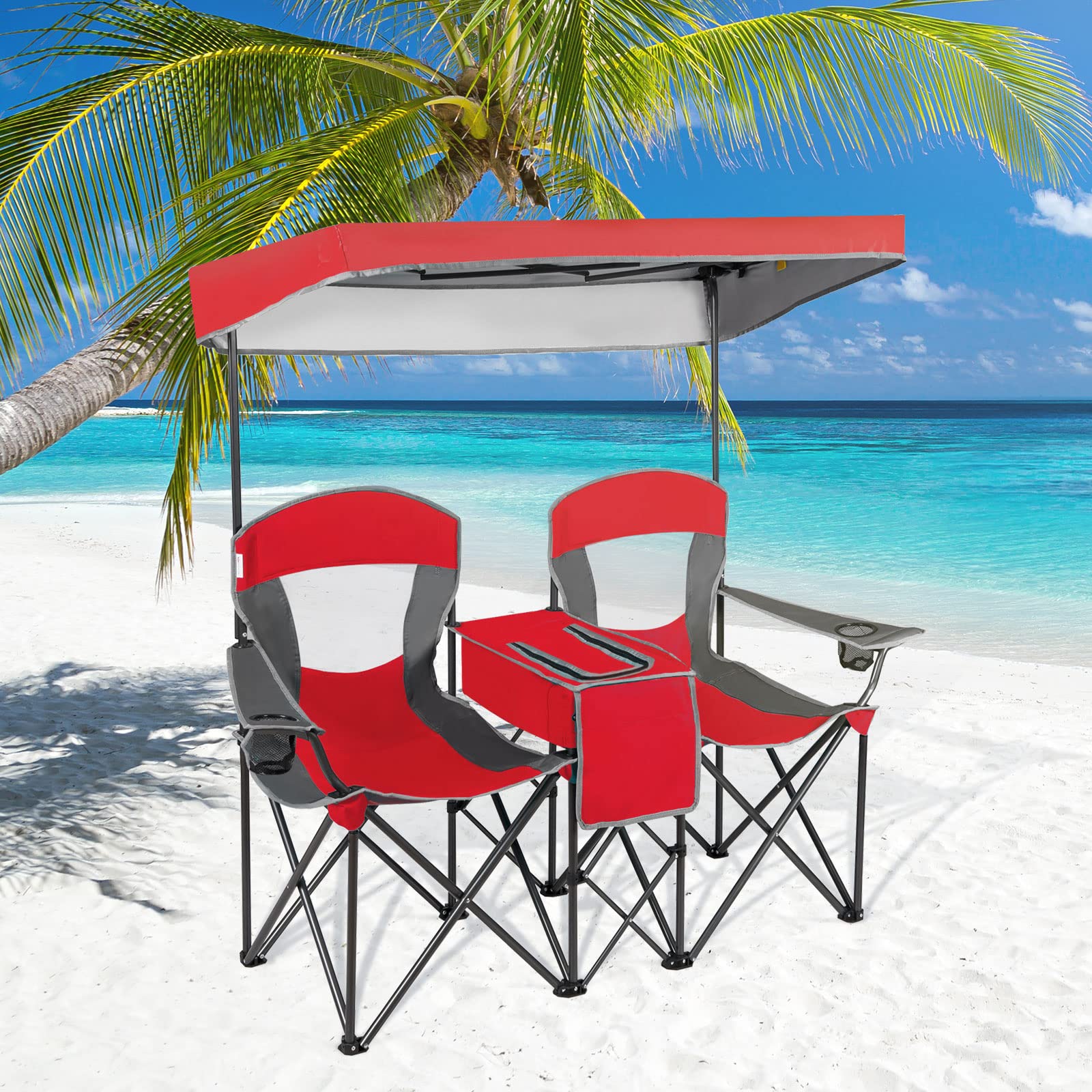 MIDDOW SILKYDRY Double Camping Chairs, Folding Loveseat Camp Chairs w/Adjustable UV Protection Shade, Cup Holders, Cooler & Carry Bag, 2-Person Portable Beach Chairs for Picnic, Fishing, Hiking (Red)