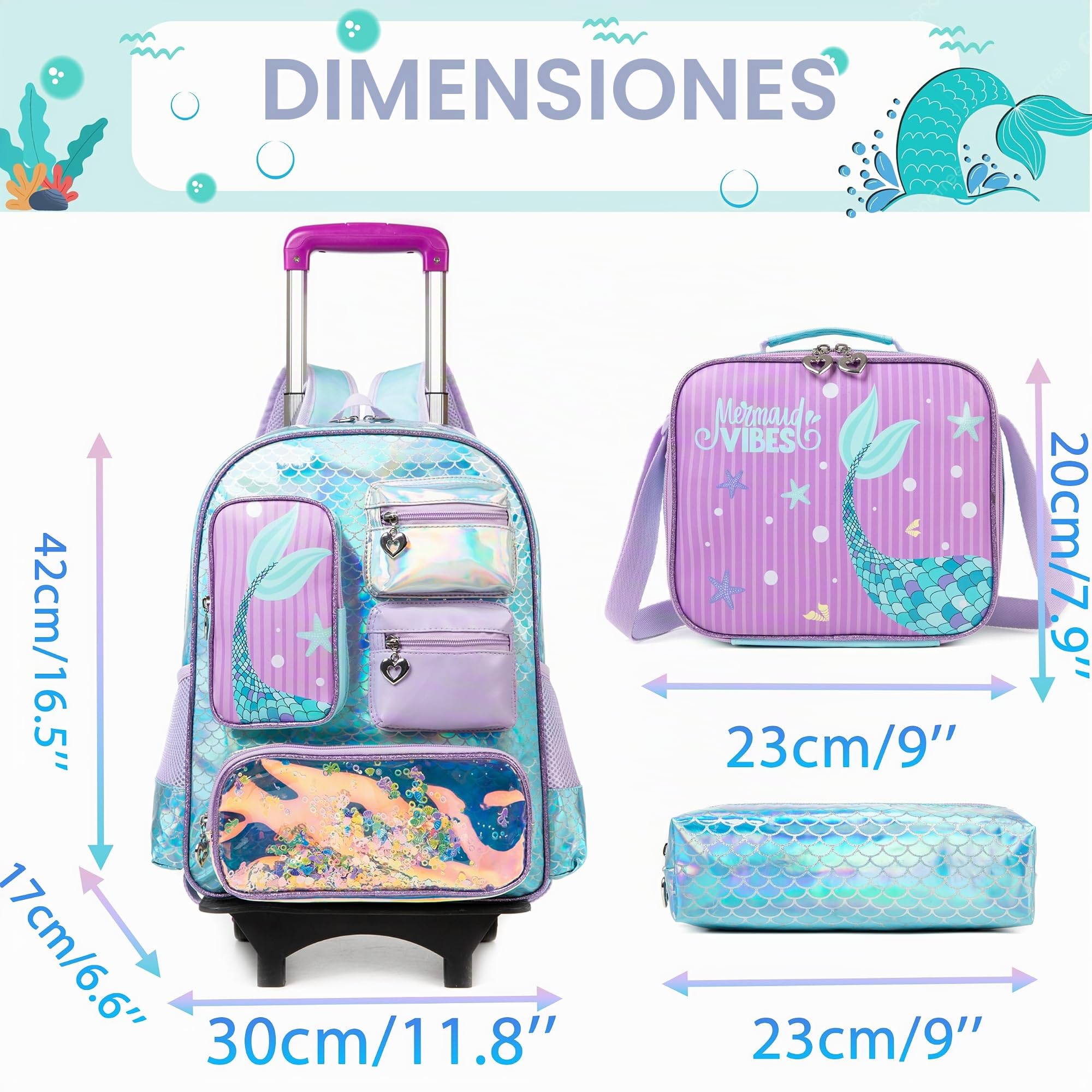 HTgroce Mochila Trolley Sirena para Niña Infantil con Ruedas para Escuela Educación Preescolar Escuela Primaria y Viajes
