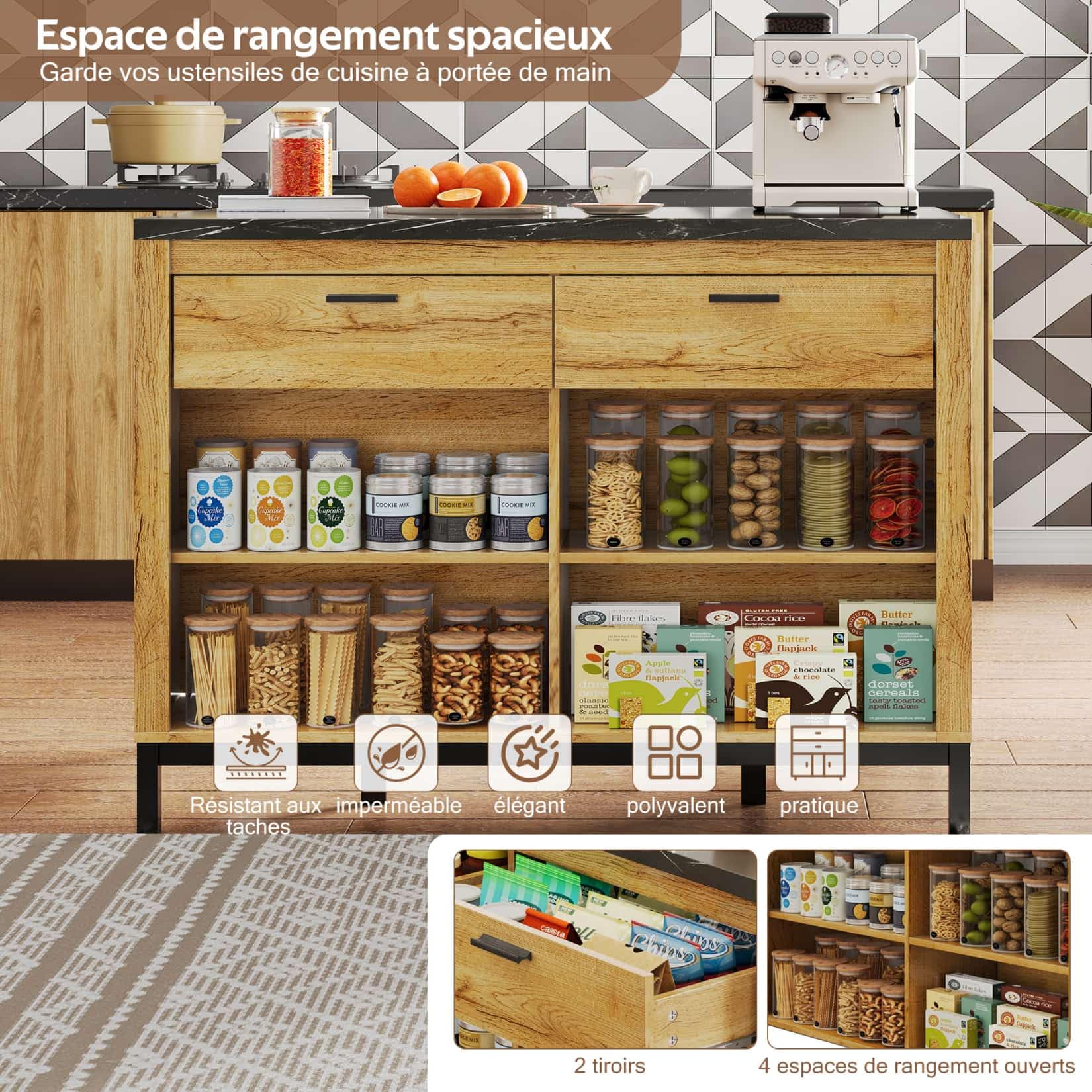 PUGSDRLY Îlot Central Cuisine 120x75x90 cm,Meuble de Cuisine,Buffet Salle a Manger avec Plan de Travail de Marbre Noir,2 Tiroirs,4 étagères Ouvertes,pour Salles à Manger(E-Natuel)