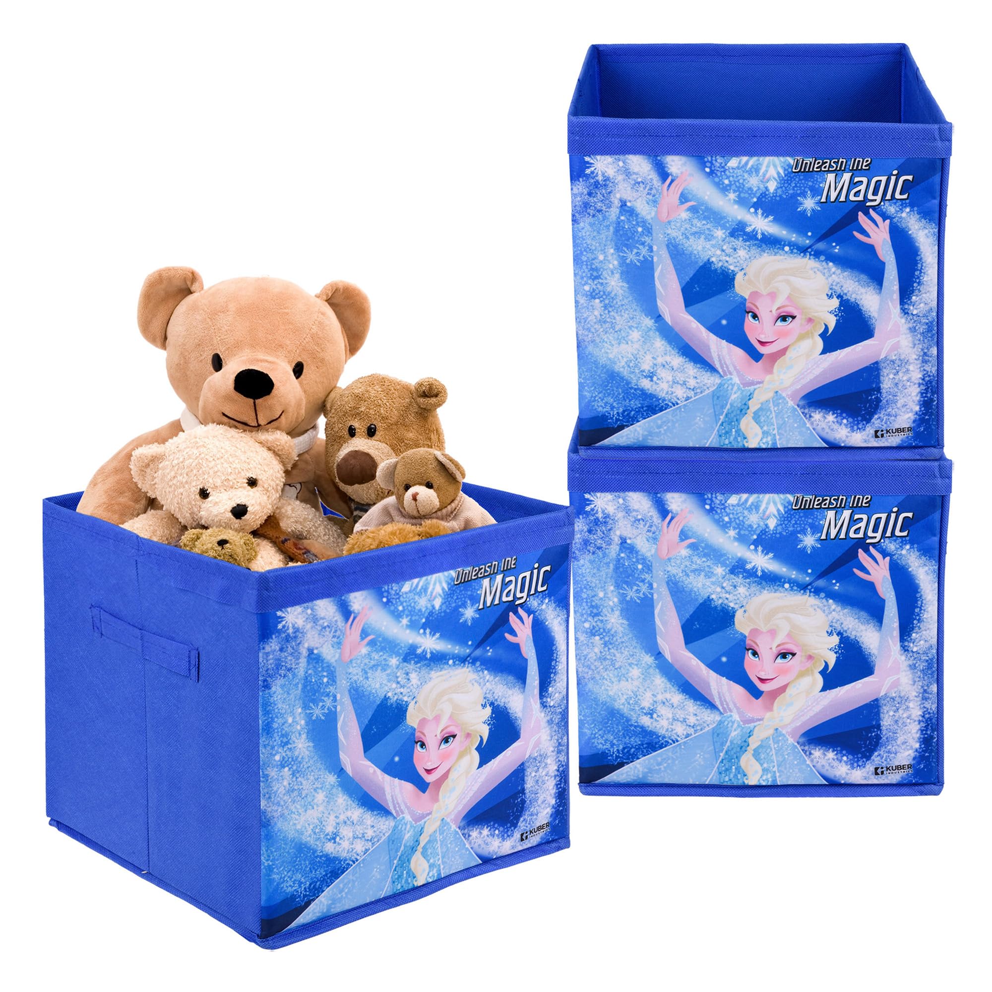 Kuber Industries Pack of 3 Storage Box | Wardrobe Organizer for Clothes-Books-Toys | Square Toy Storage Box | Drawer Organizer Box with Handle | Stationary Organizer | Disney Frozen | Blue