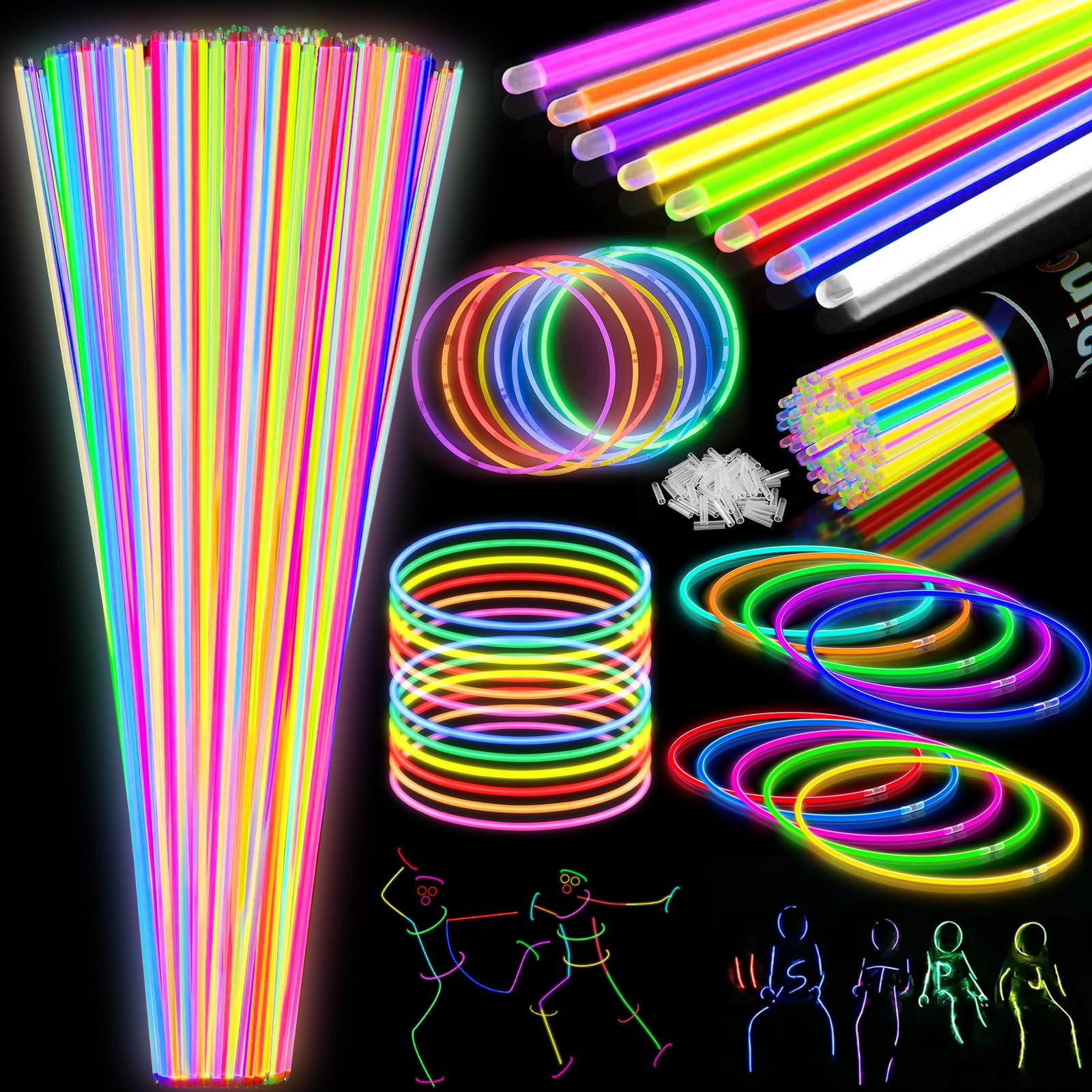 200 bastoncini luminosi, 55,9 cm, per feste di Halloween, per bambini con durata di 9 ore, collana e braccialetto con 200 connettori
