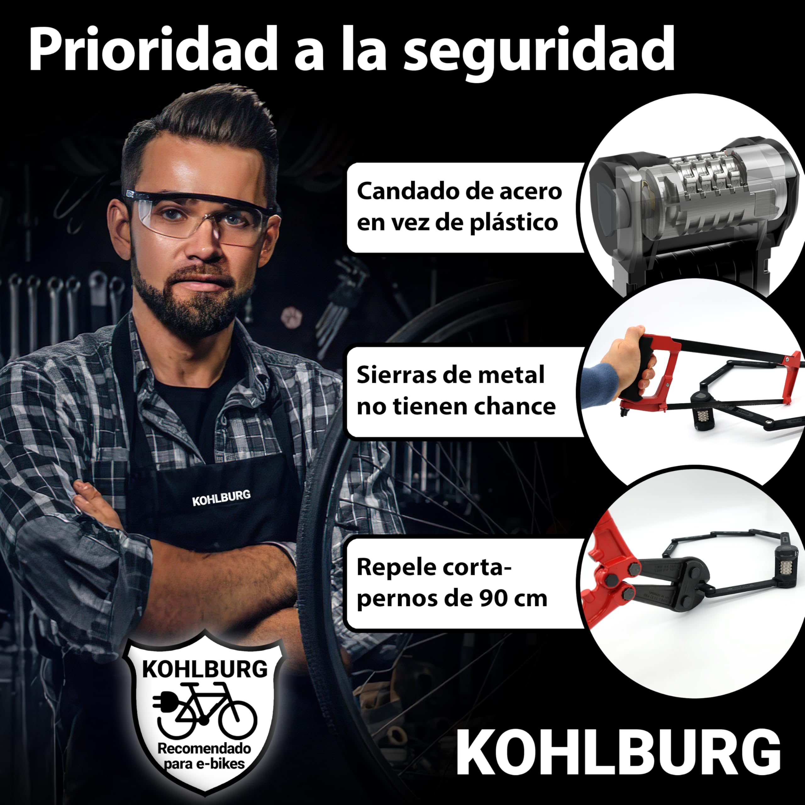 KOHLBURG antirrobo plegable para bicicleta de 110 cm con números [resistente a cortapernos] con código numérico y soporte – candado de combinación de alta seguridad – antirrobo para bici & e‑bike