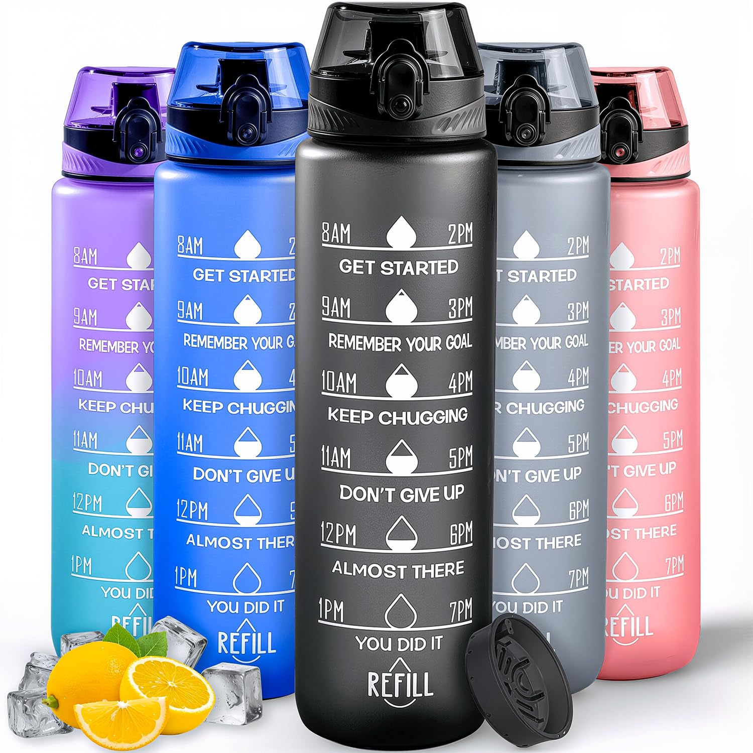 Active 100 Water Bottle 1L Sports Water Bottle with Motivational Time Marker, Dishwasher Safe Leak-proof Drink Bottle BPA Free Non-Toxic for Running,cycling, Gym, School & Office (Black)