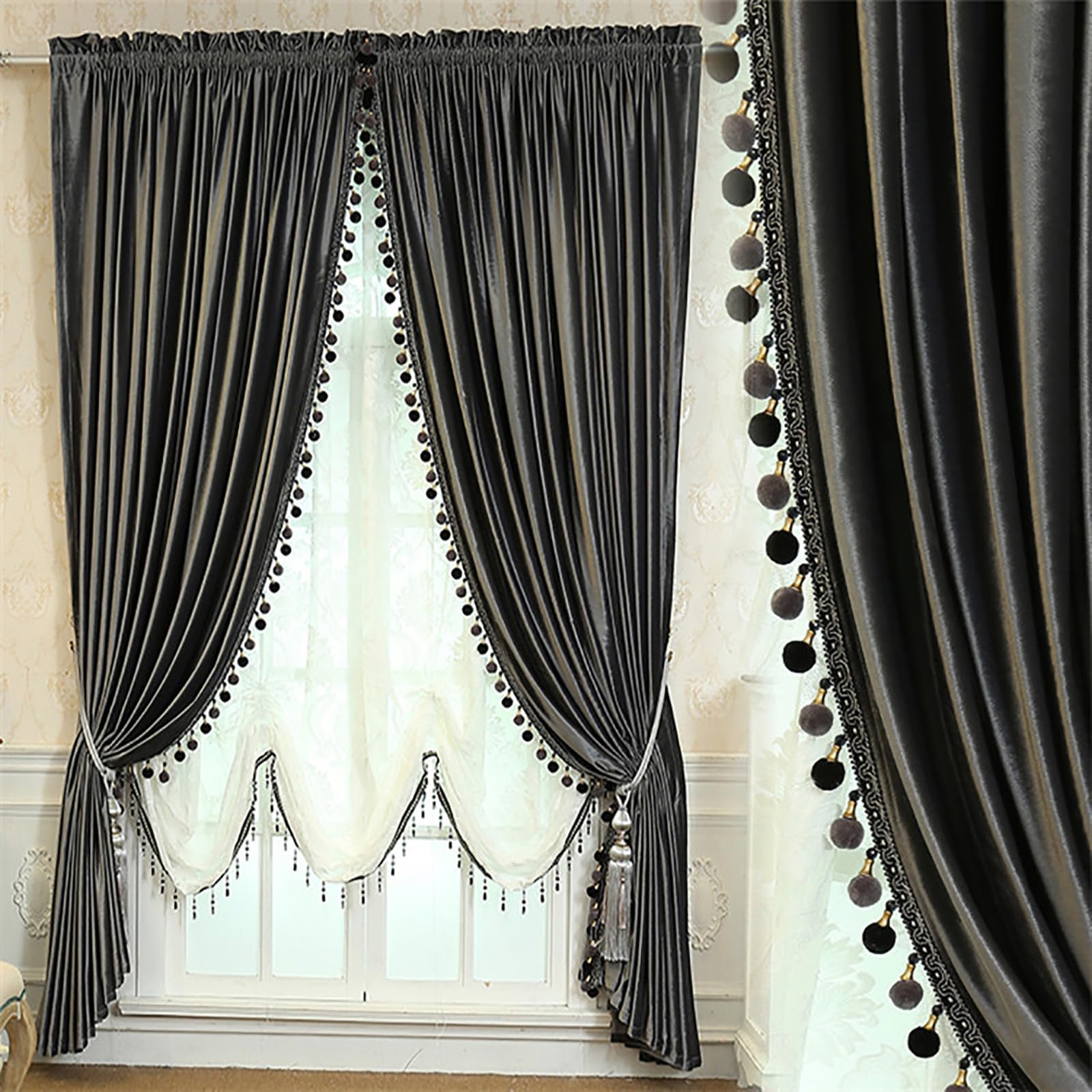 Blackout Curtains, Luxury Velvet Thermal Insulated Rod Pocket Drapes, Vintage Pom Pom Design for Living Room and Bedroom Decor, 2 Panels